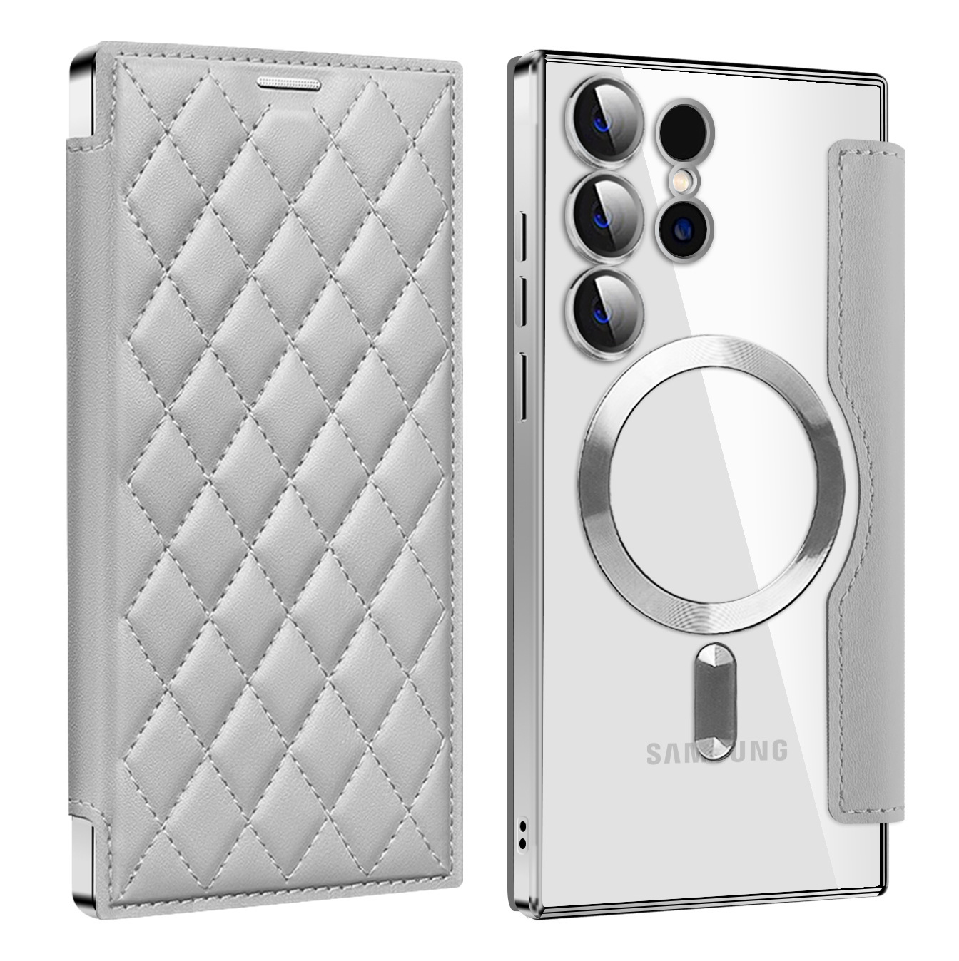 Compatible with Samsung S26 Ultra phone case A37, Chanel-style S25 magnetic full-coverage S24 Plus flip leather case A56 - Silver-grey [Ya Dun] S26ULTRA