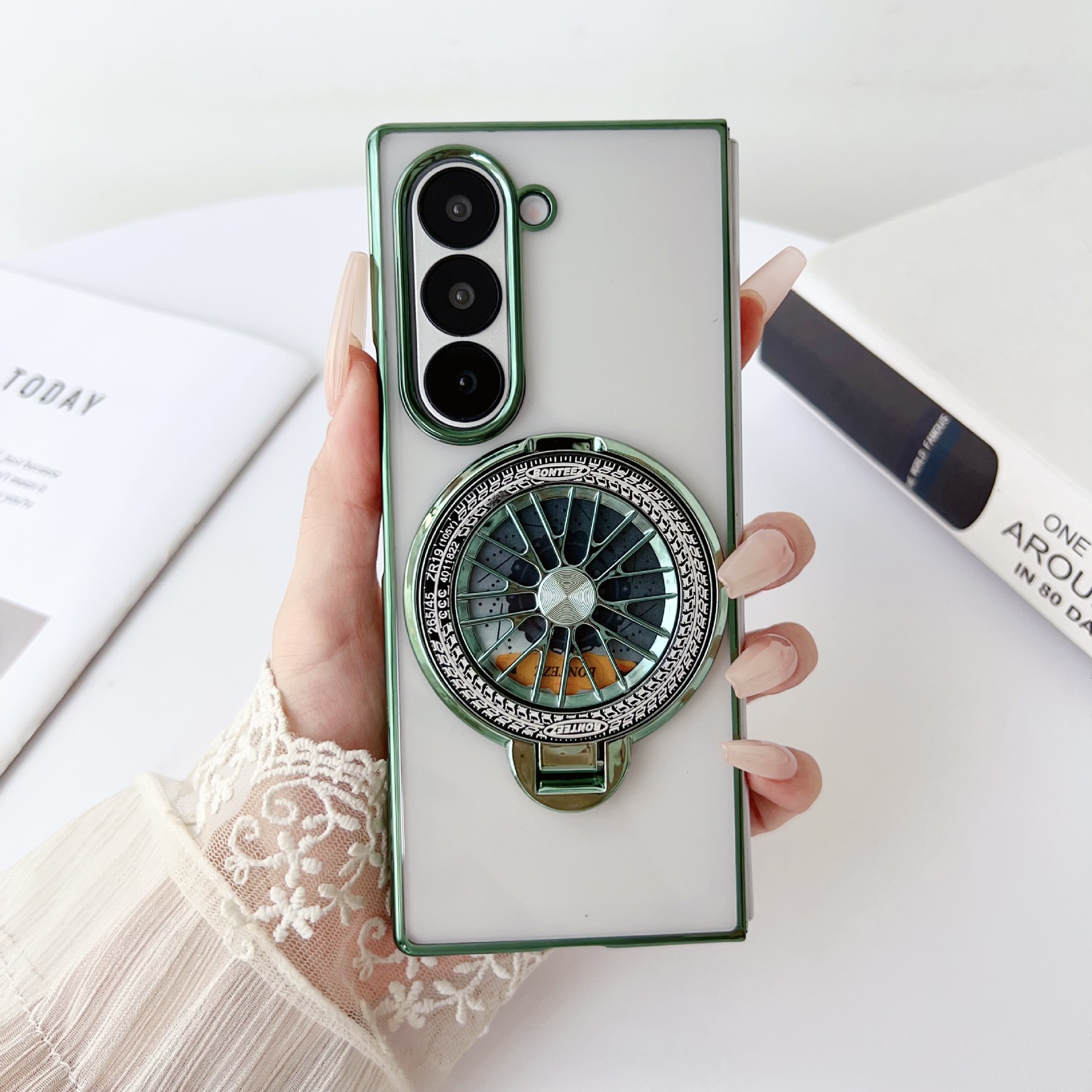 Compatible with Samsung Z Fold7/6/5 phone case 4/3 electroplated transparent gyroscope stand Flip6/7 drop protection - Green Samsung-Z Fold7