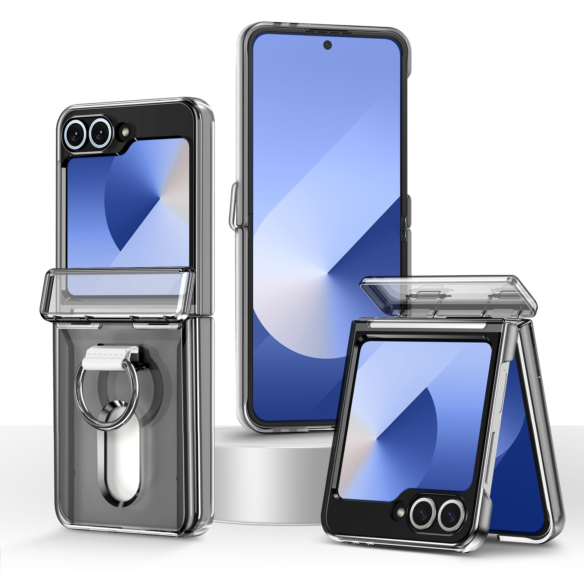 Compatible with Samsung Z Flip 8/7 phone case, 6/5 card holder, hinge, ring, foldable screen, drop-proof protective case - Translucent Black [Center-Screen Card Pack] Samsung-Z Flip8