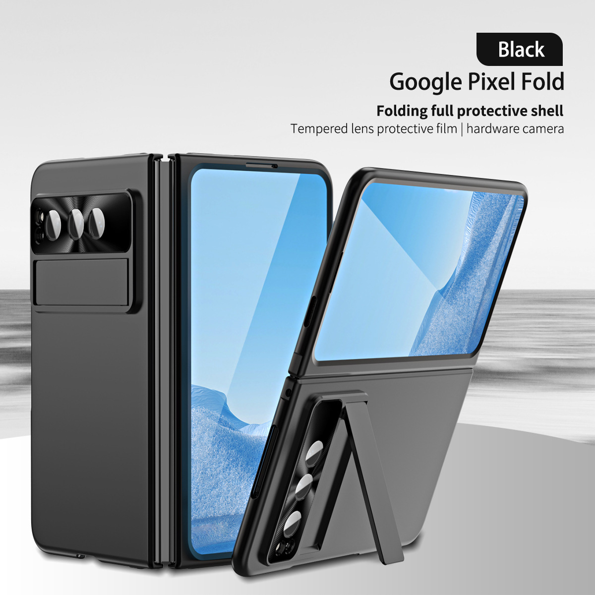 Compatible with Google Pixel Fold phone case, stand, hinge, and drop protection. - Black [No hinge] Google Pixel Fold [Case and screen protector]