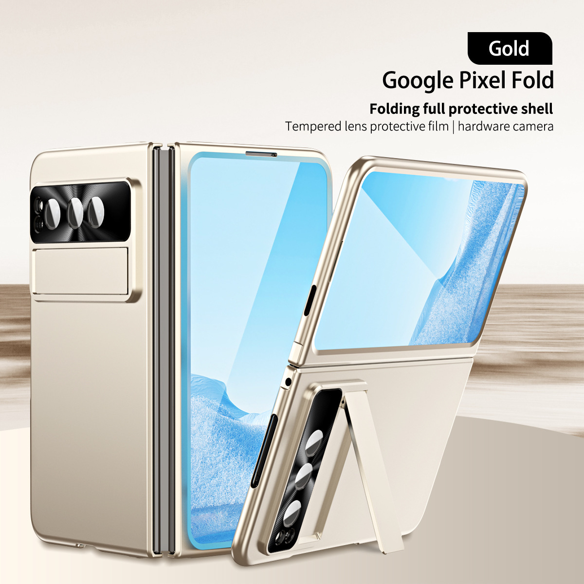 Compatible with Google Pixel Fold phone case, stand, hinge, and drop protection. - Gold [No hinge] Google Pixel Fold [Case and screen protector]