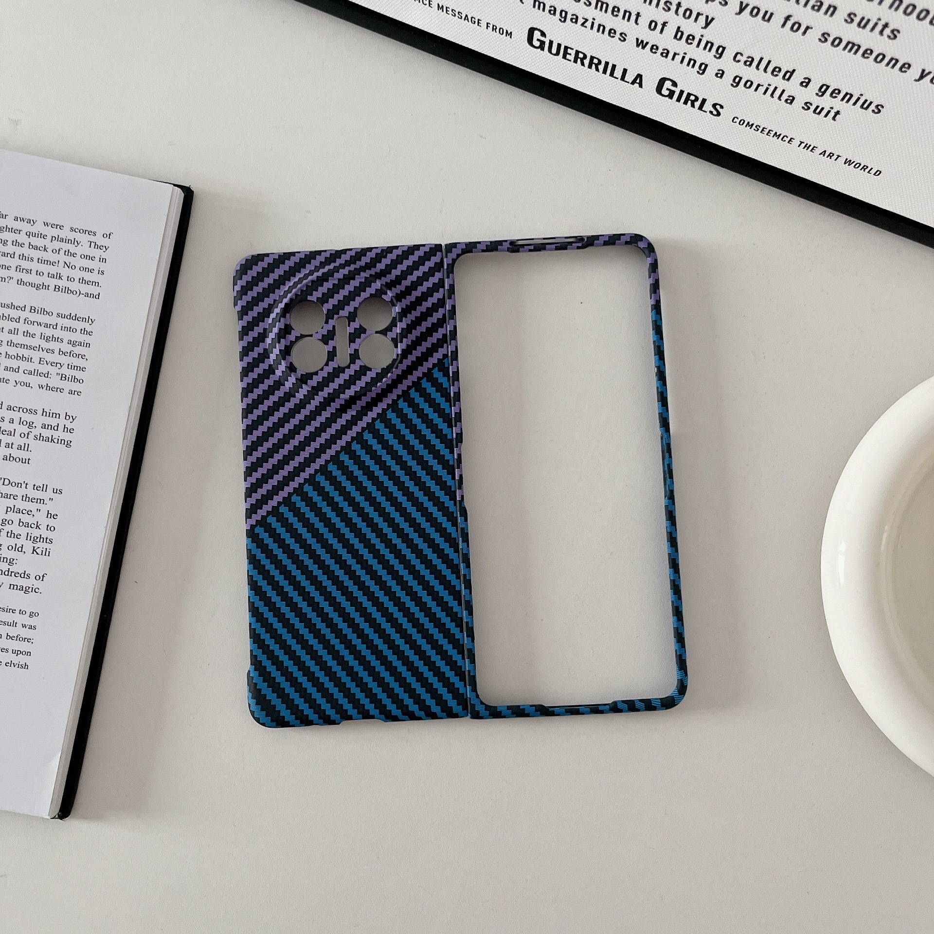 Compatible with Huawei Mate X7 phone case, X6 carbon fiber texture magnetic ring, X5 foldable screen ultra-thin drop-proof protective case - Blue + Purple Mate X7 [Large Hole]