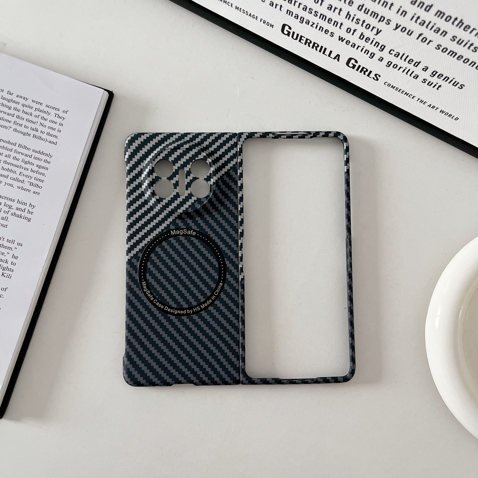 Compatible with Huawei Mate X7 phone case, X6 carbon fiber texture magnetic ring, X5 foldable screen ultra-thin drop-proof protective case - Black + Silver [Magnetic Ring] Mate X7 [Large Hole]
