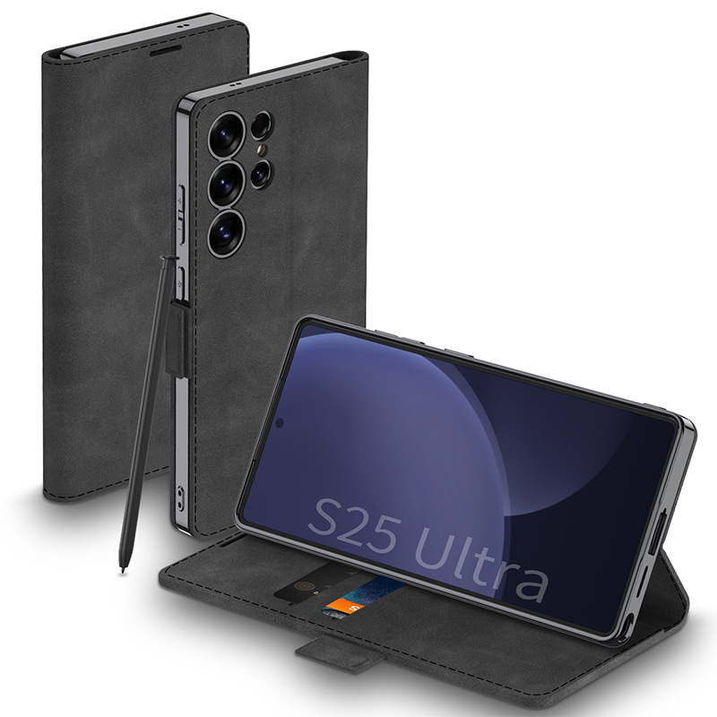 Compatible with Samsung S26 Ultra phone case, S25U electroplated flip case with SIM card slot, frosted leather, drop-proof protective case - Matte Black [Pen Not Included] Samsung S26 Ultra