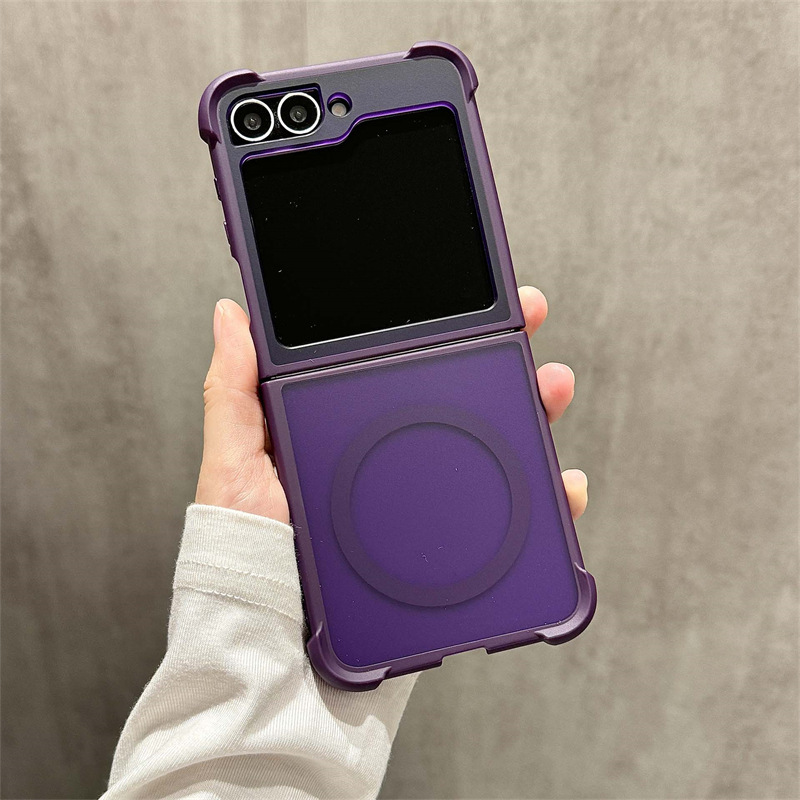 Compatible with Samsung Z Flip 7/6 phone case, 5/4 magnetic rotating ring holder, frosted airbag drop-proof protective case. - Purple with built-in magnetic ring Samsung Z Flip7