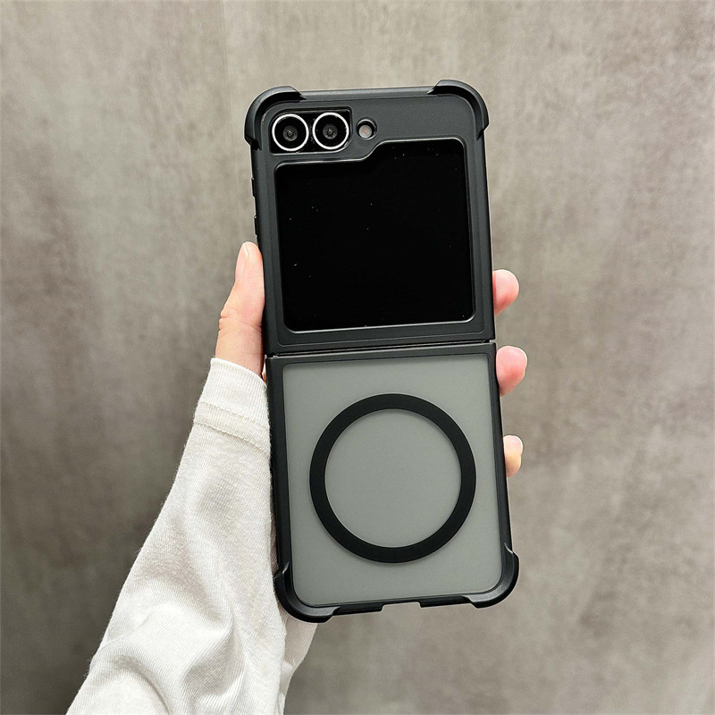 Compatible with Samsung Z Flip 7/6 phone case, 5/4 magnetic rotating ring holder, frosted airbag drop-proof protective case. - Black with built-in magnetic ring Samsung Z Flip7
