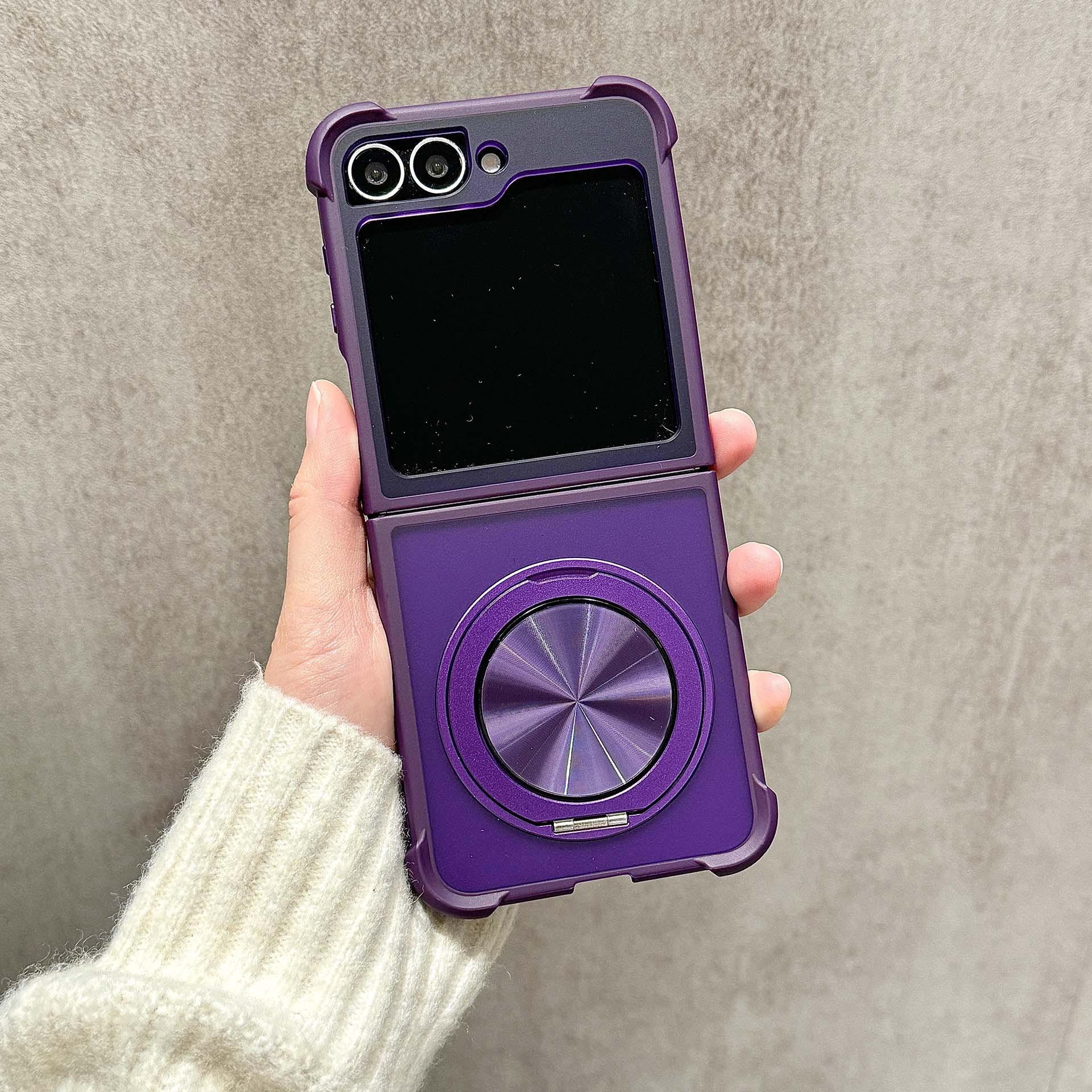 Compatible with Samsung Z Flip 7/6 phone case, 5/4 magnetic rotating ring holder, frosted airbag drop-proof protective case. - Purple + Rotating Stand Samsung Z Flip7