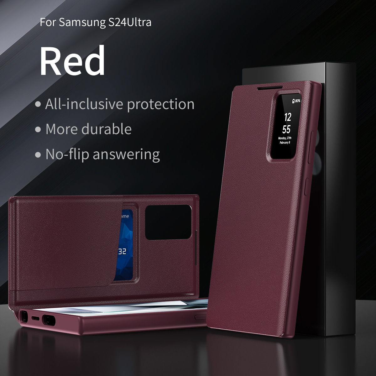 Compatible with Samsung S26 Ultra phone case, A57, no flip-open required for answering calls, S25FE smart window, 24P SIM card slot leather case - Burgundy - No Flip-to-Answer Functionality S26Ultra