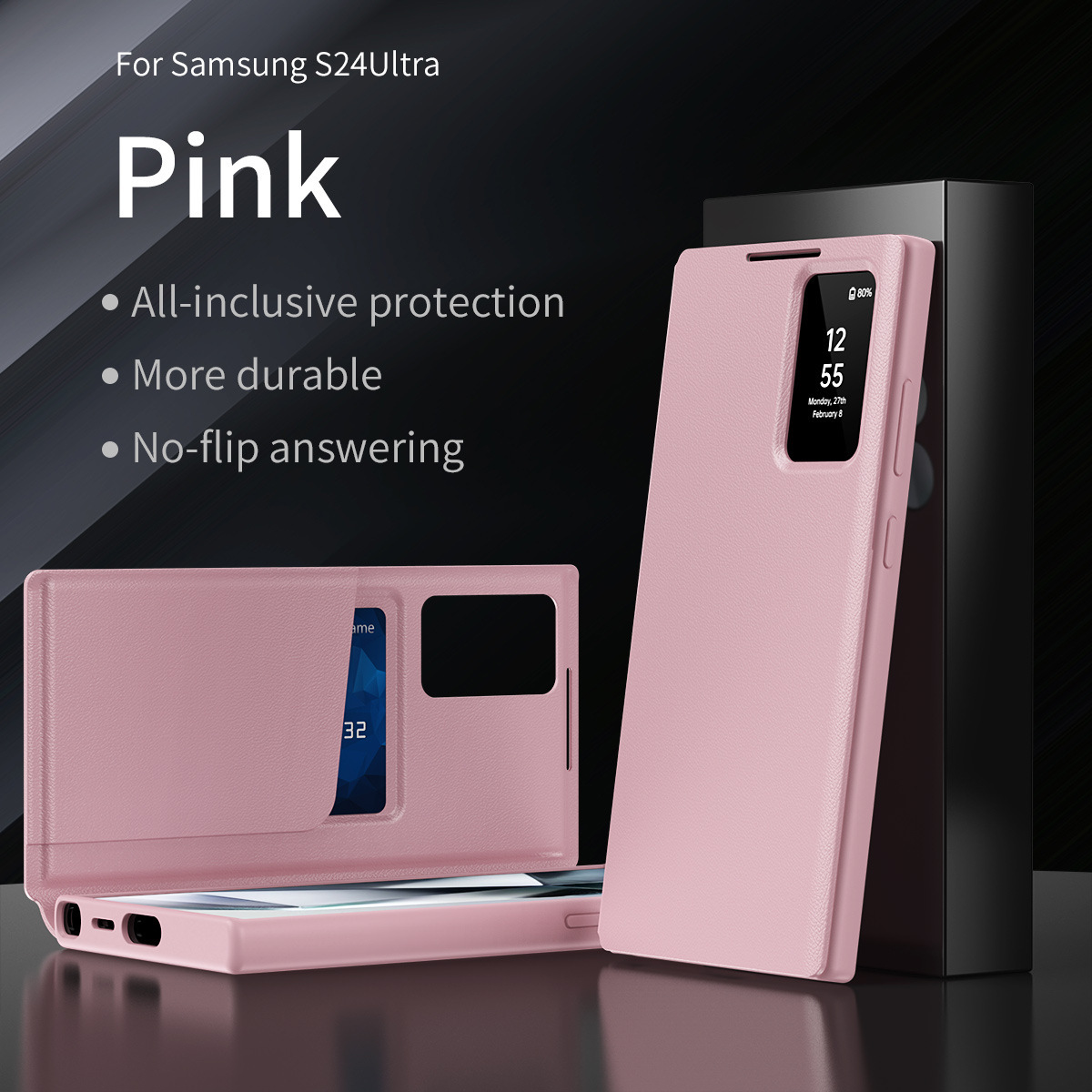 Compatible with Samsung S26 Ultra phone case, A57, no flip-open required for answering calls, S25FE smart window, 24P SIM card slot leather case - Pink - No Flip-to-Answer Function S26Ultra