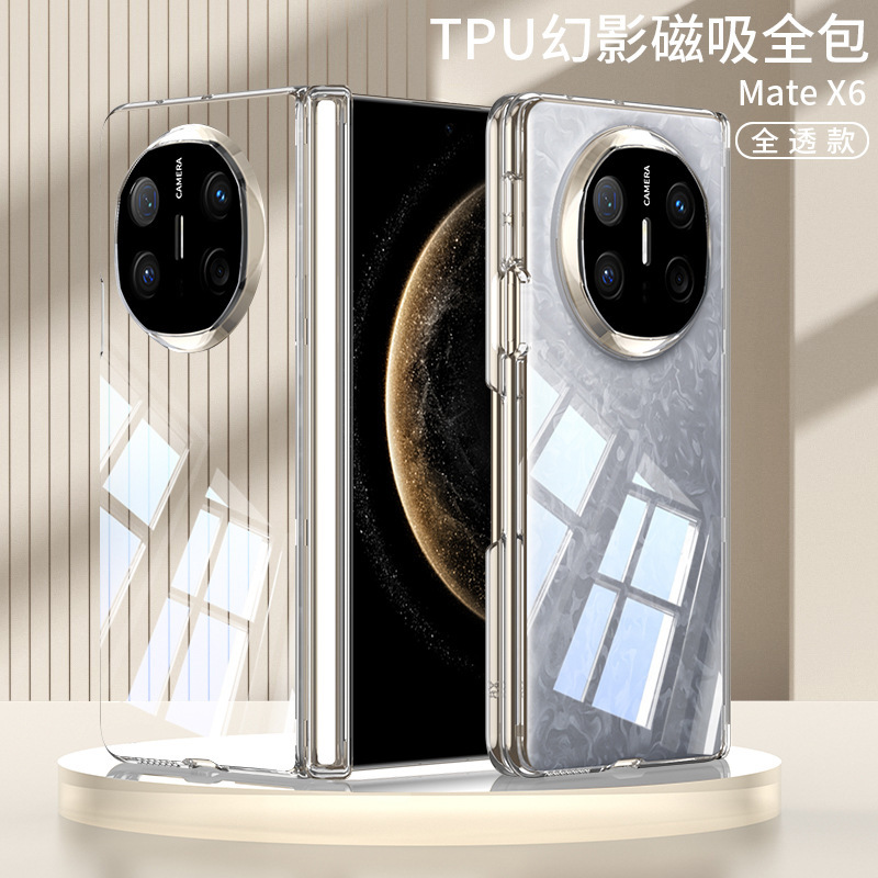 Compatible with Huawei Mate X6 phone case, X5 electroplated transparent TPU soft shell, magnetic hinge, X3 foldable screen protective case - Fully transparent HW-Mate X6 [No front bezel]