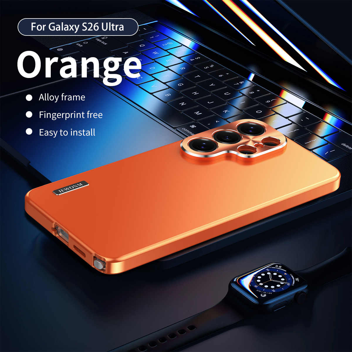 Compatible with Samsung S26 Ultra phone case, S25 Plus magnetic alloy frame, S24U full-coverage drop-proof protective case - Orange [Single-sided] SM-S26ultra