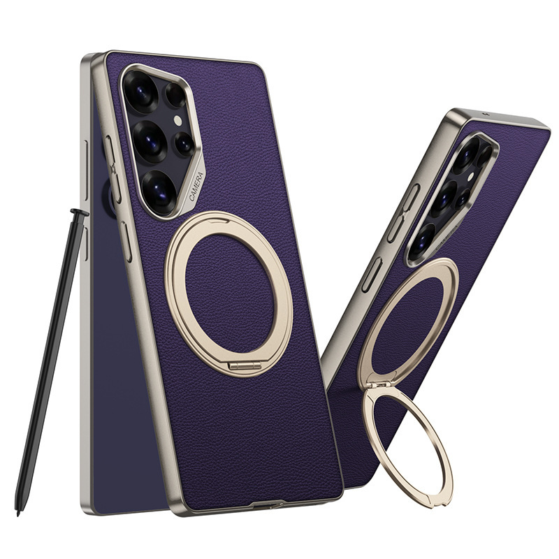 Compatible with Samsung S26 Ultra phone case, S25U rotating stand, S24U vegan leather magnetic wireless charging protective case - Titanium Purple [Large Hole] Metallic Paint SM-S26 Ultra [Pen Not Included]