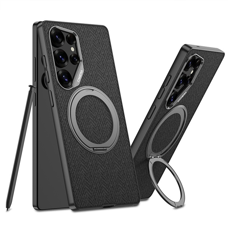 Compatible with Samsung S26 Ultra phone case, S25U rotating stand, S24U vegan leather magnetic wireless charging protective case - Neibu Black [Large Hole] SM-S26 Ultra [Pen Not Included]