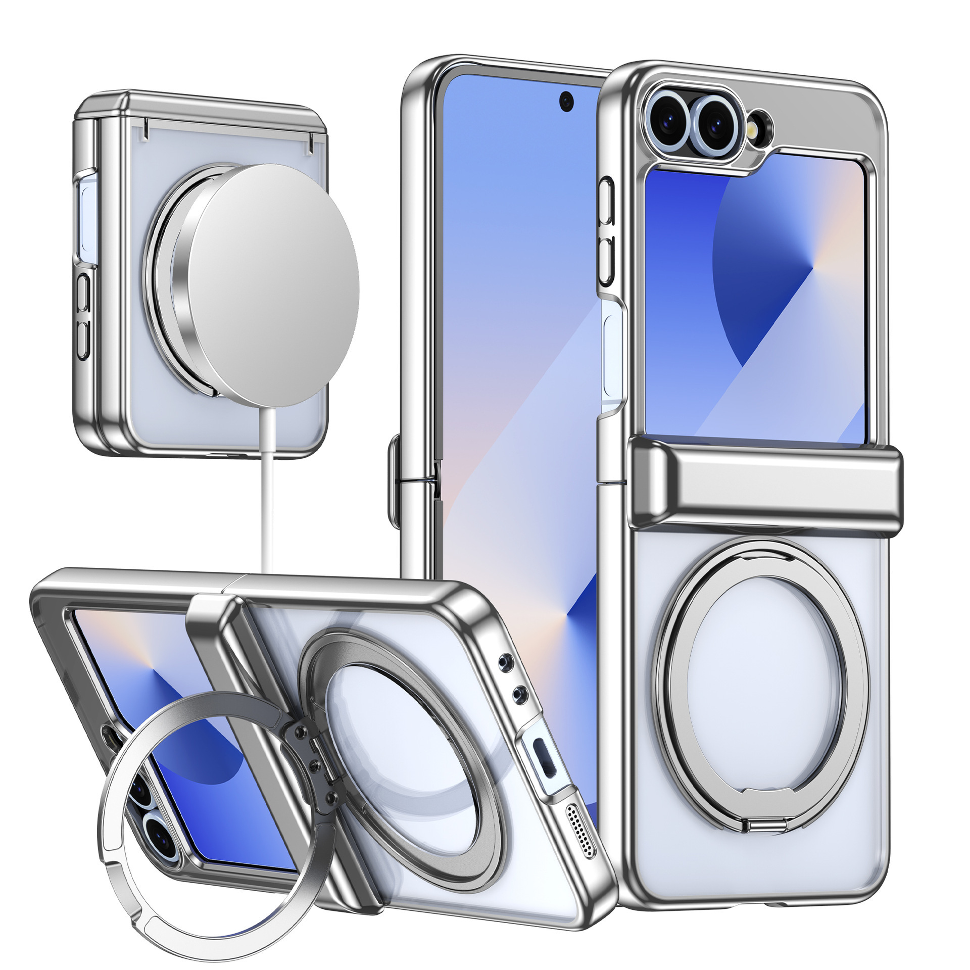 Compatible with Samsung Z Flip 7/6/5 phone case, 360 magnetic stand, wireless charging, transparent, drop-proof protective case - Translucent Silver [Uncoated] SM-Z Flip7