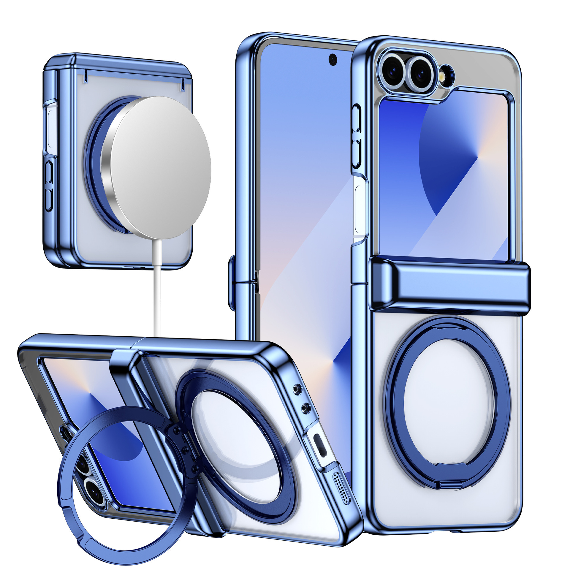 Compatible with Samsung Z Flip 7/6/5 phone case, 360 magnetic stand, wireless charging, transparent, drop-proof protective case - Translucent Blue [Uncoated] SM-Z Flip7