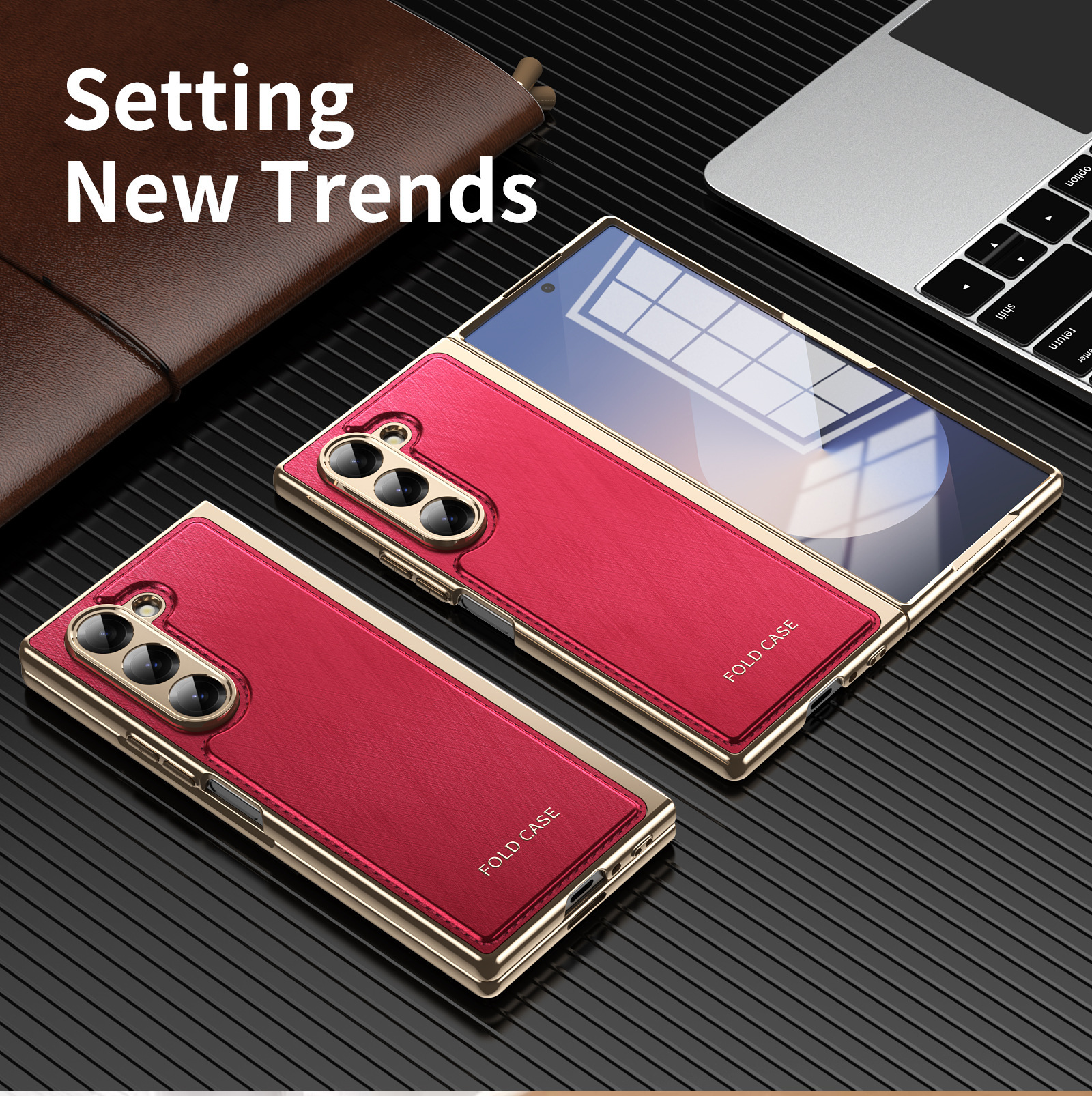 Compatible with Samsung Z Fold7/6/5 phone case, electroplated leather, Fold4/3 case, integrated screen protector, shockproof protective case - Red [Shell] SM-Z Fold7