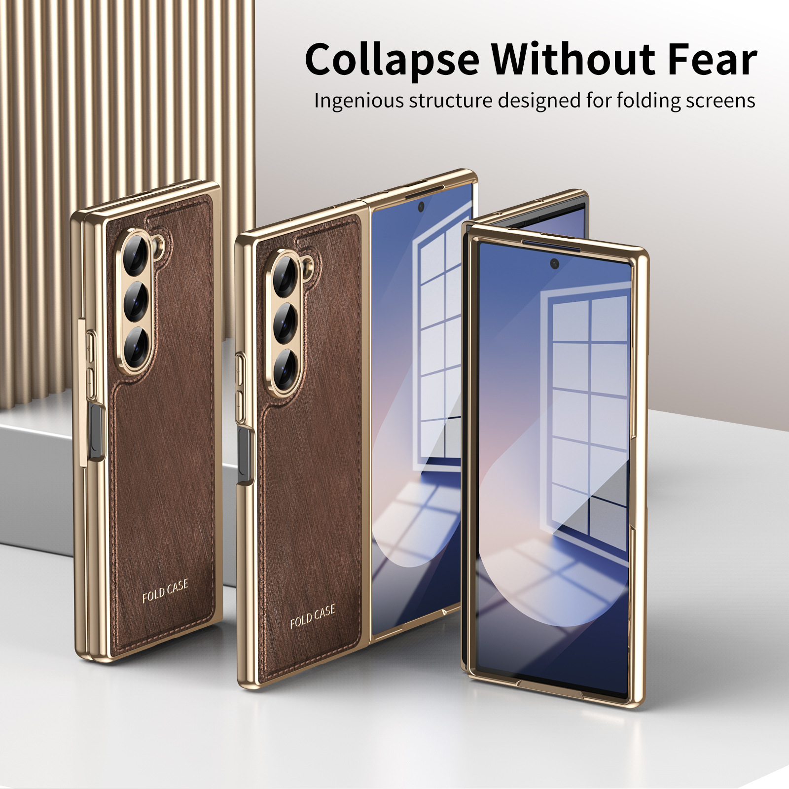 Compatible with Samsung Z Fold7/6/5 phone case, electroplated leather, Fold4/3 case, integrated screen protector, shockproof protective case - Brown [shell membrane] SM-Z Fold7