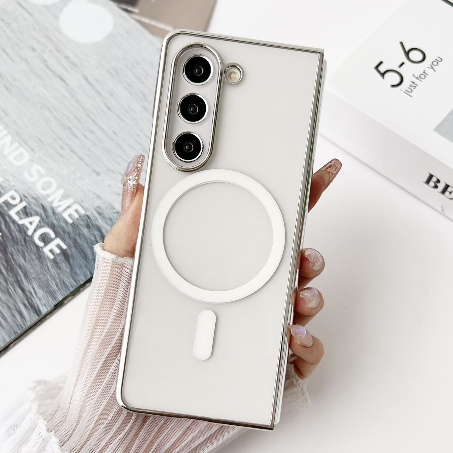 Compatible with Samsung Z Fold 8/7 phone case 6/5 wireless charging magnetic 4/3 transparent electroplated Flip 8/7 protective case - Silver Samsung Z Fold8