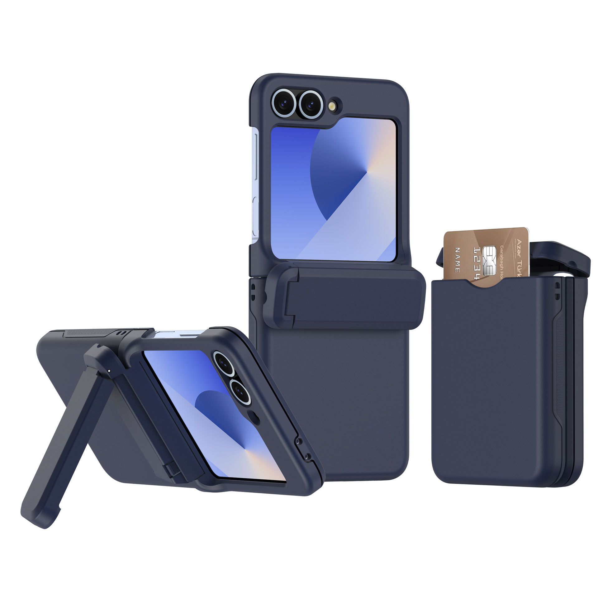 Compatible with Samsung Z Flip 6/5 phone case, Flip 7 card slot holder, spring hinge, fully transparent drop-proof protective case - Dark Blue Samsung-Z Flip6