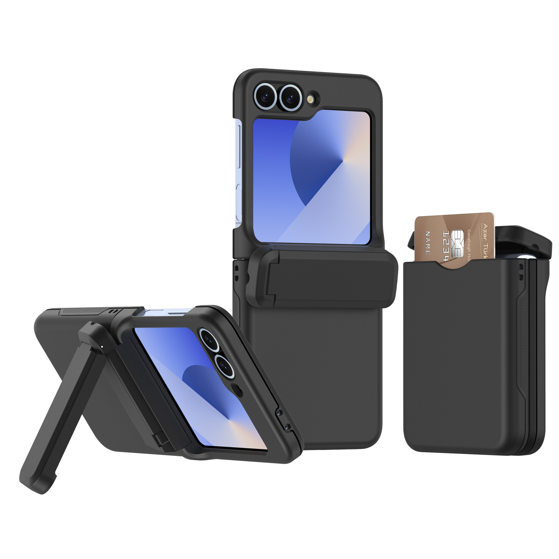 Compatible with Samsung Z Flip 6/5 phone case, Flip 7 card slot holder, spring hinge, fully transparent drop-proof protective case - Black Samsung-Z Flip6