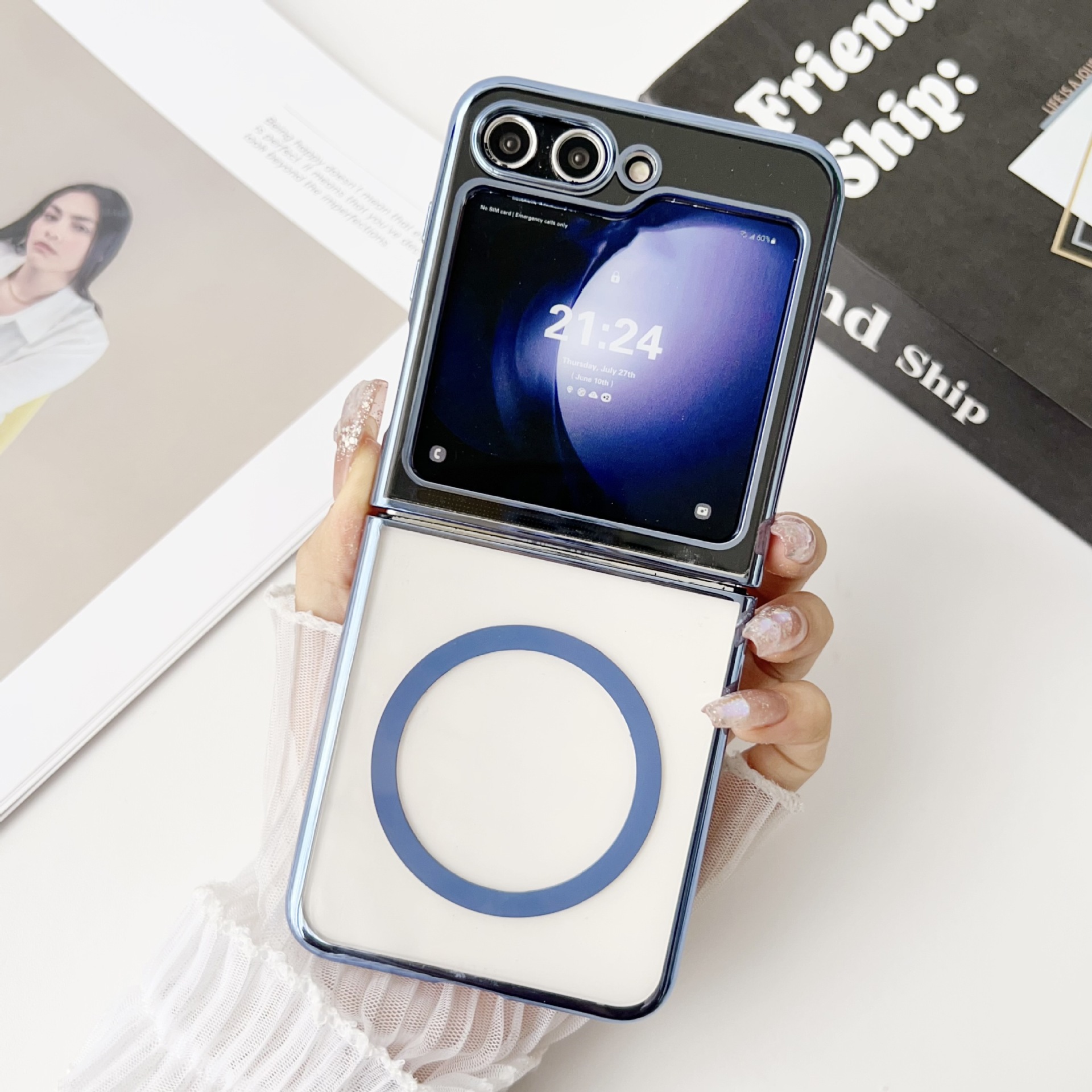 Compatible with Samsung Z Flip 8/7 phone case, electroplated transparent 6/5mm magnetic wireless charging 4/3mm drop-proof protective case - Blue Samsung Z Flip8