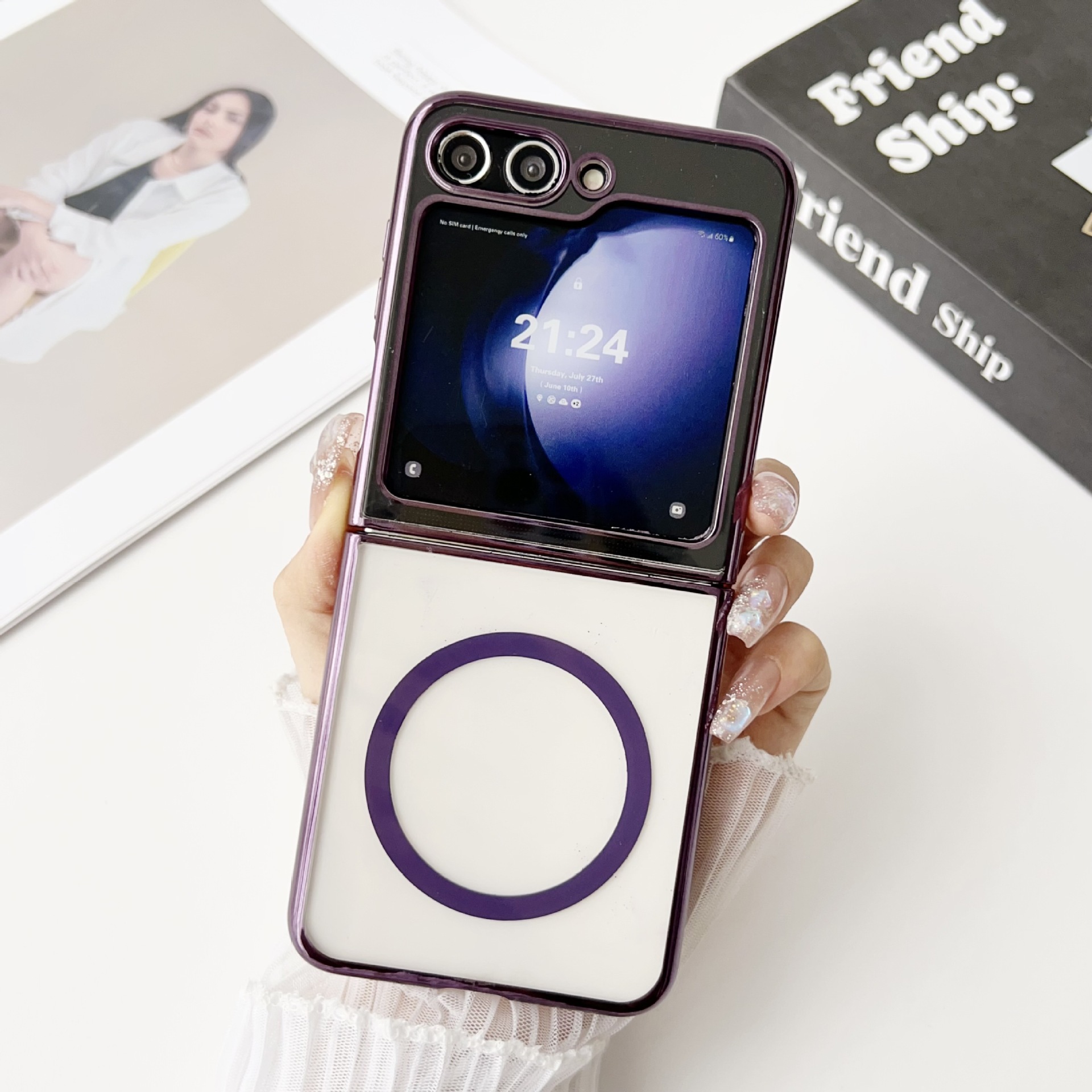 Compatible with Samsung Z Flip 8/7 phone case, electroplated transparent 6/5mm magnetic wireless charging 4/3mm drop-proof protective case - Purple Samsung Z Flip 8