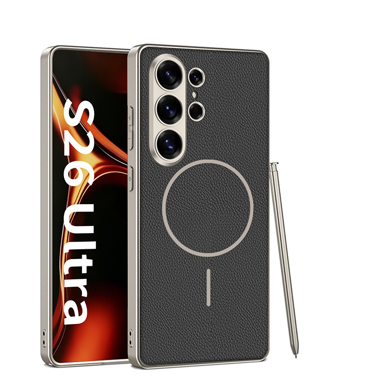 Compatible with Samsung S26/S25 Ultra phone case, two-tone design, thin ring, built-in magnetic wireless charging, vegan leather protective case - Titanium Black - Contrasting Color Slim Bezel - Metallic Paint SM-S26 Ultra [Pen Not Included]