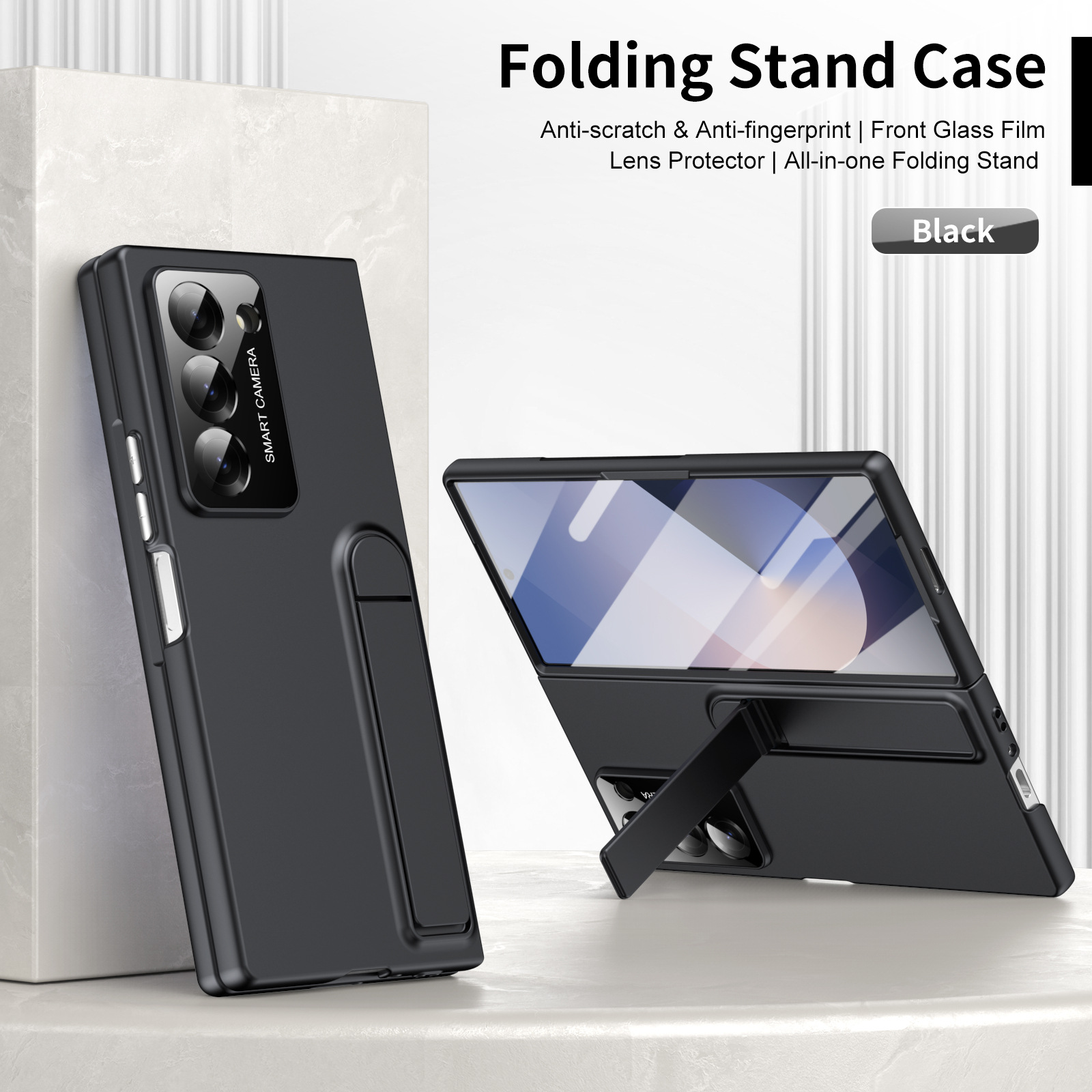 Compatible with Samsung Z Fold7/6/5 phone case, 4/3 case, screen protector, stand, anti-fingerprint folding screen protector - Black [Casing] SM-Z Fold7