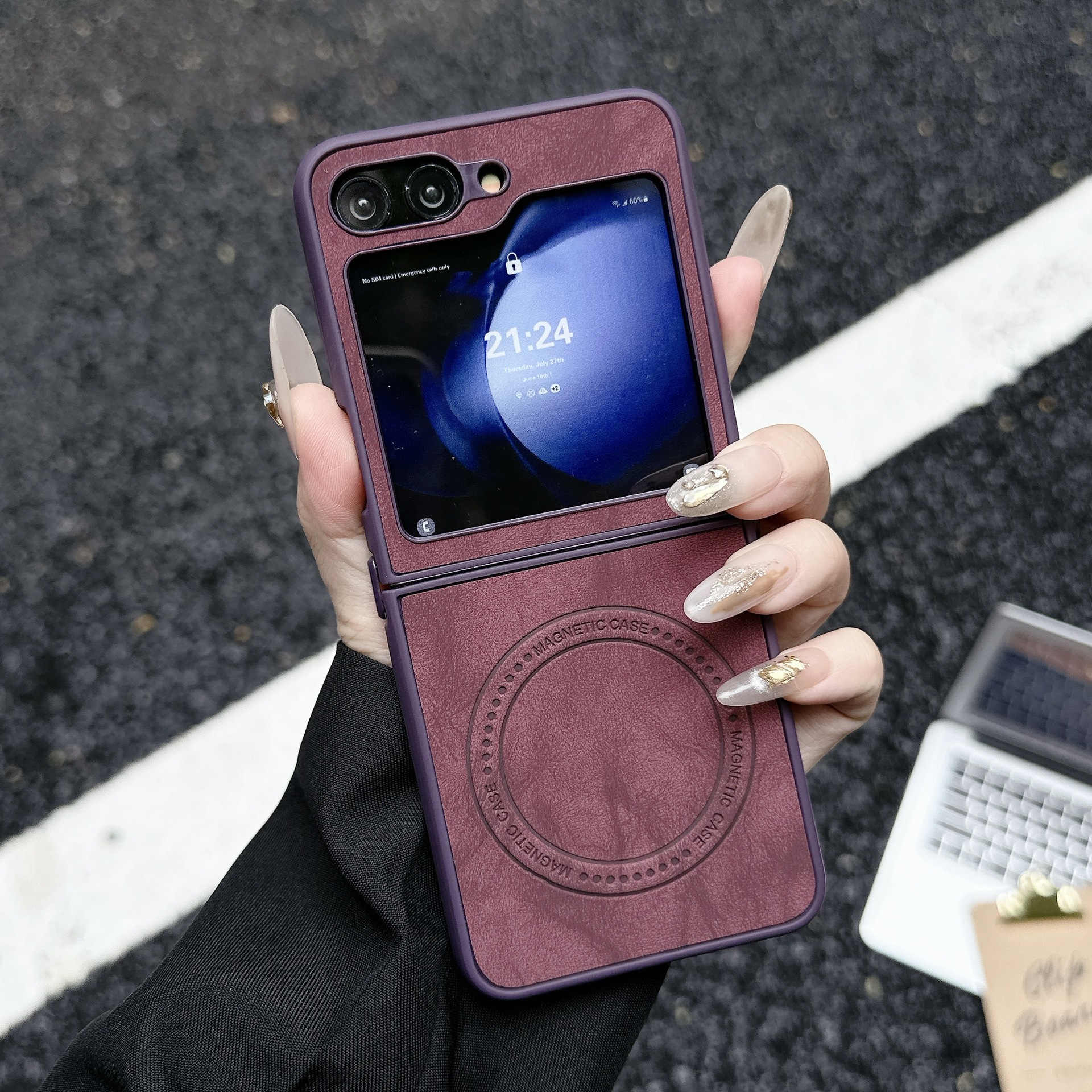 Compatible with Samsung Z Flip 7/6/5 phone case, 4/3 inches, built-in wireless charging, magnetic closure, sheepskin folding screen protective case. - Burgundy Samsung Z Flip7