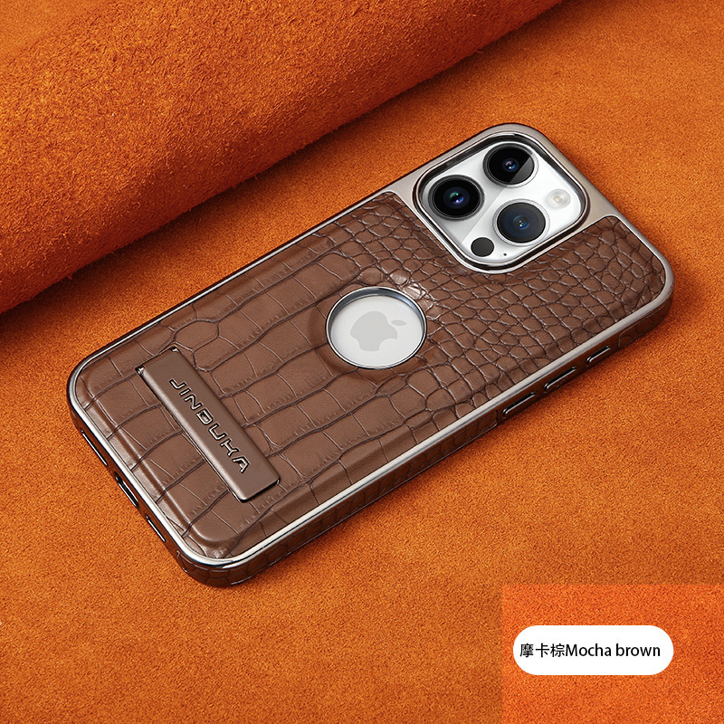 Compatible with iPhone 17 Pro Max phone case 16/15 Plus magnetic label holder 13/14 crocodile pattern leather case - Dark brown [J1] IP-17Promax
