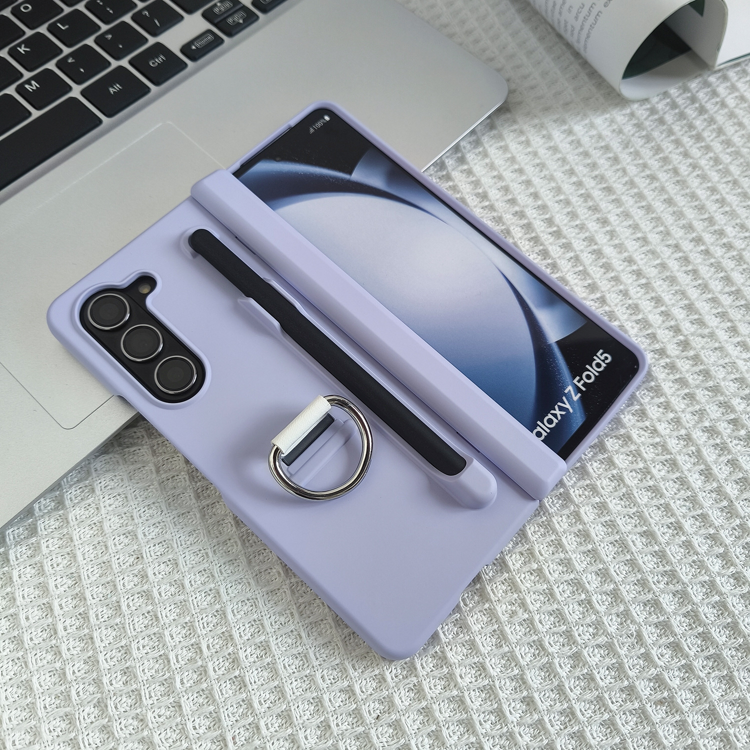Compatible with Samsung Z Fold7/6 phone case, central axis ring pen slot, Fold5 foldable screen skin-feel protective case - Purple [Center Ring Pen Slot] Samsung-Z Fold7 [With Pen]