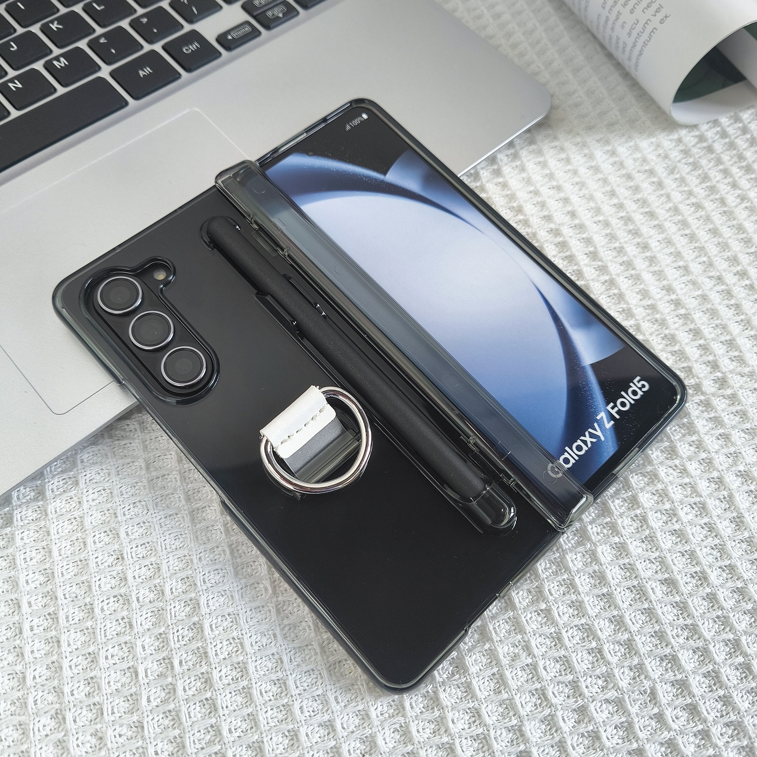 Compatible with Samsung Z Fold7/6 phone case, central axis ring pen slot, Fold5 foldable screen skin-feel protective case - Translucent Black [Center Ring Pen Slot] Samsung-Z Fold7 [With Pen]