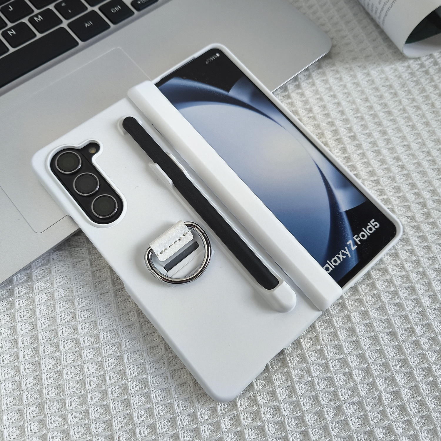 Compatible with Samsung Z Fold7/6 phone case, central axis ring pen slot, Fold5 foldable screen skin-feel protective case - White [Center Ring Pen Slot] Samsung-Z Fold7 [With Pen]