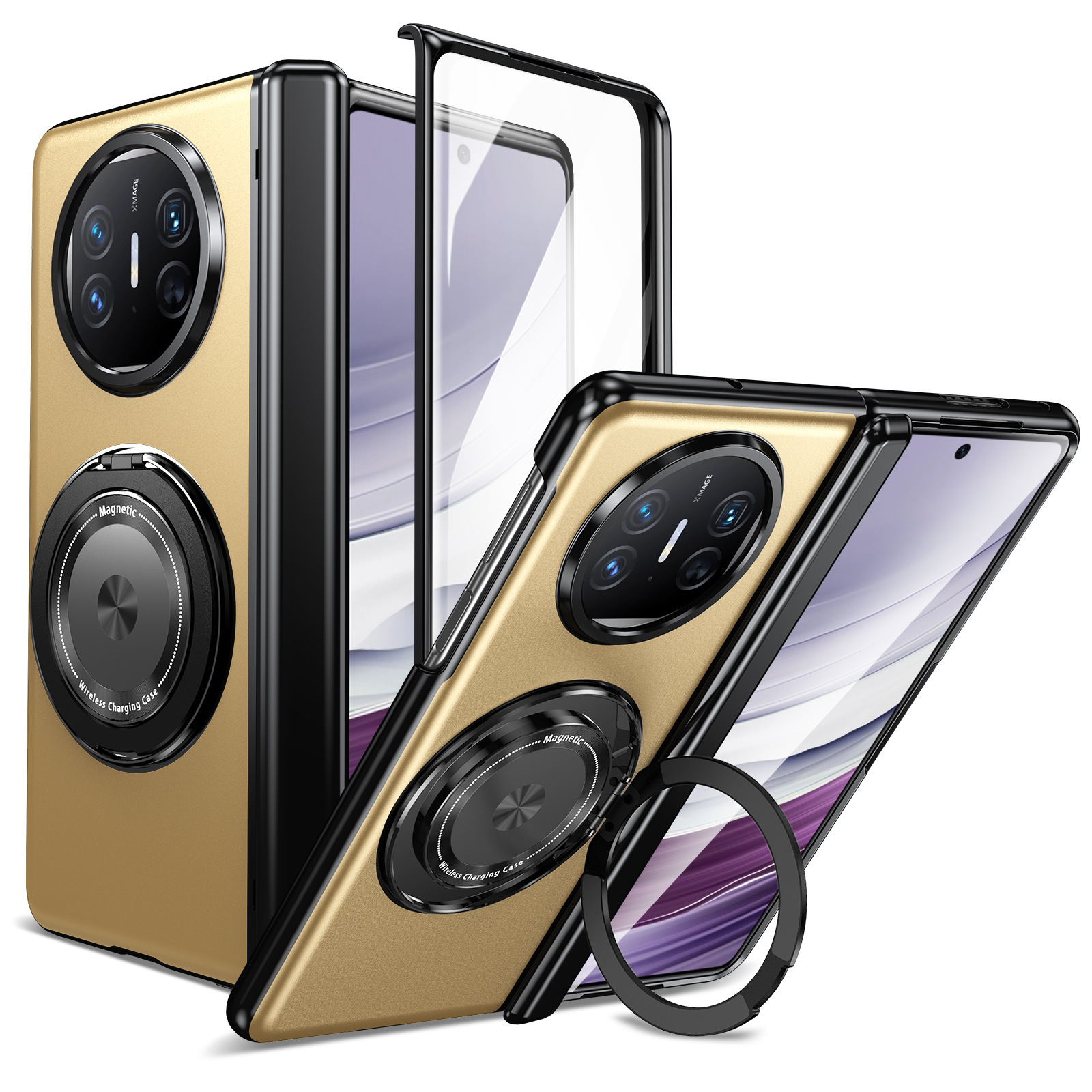Compatible with Honor Magic V6 phone case, V5 magnetic charging rotating stand, Huawei X6 case, screen protector, full-coverage protective case - Gold Case Cover