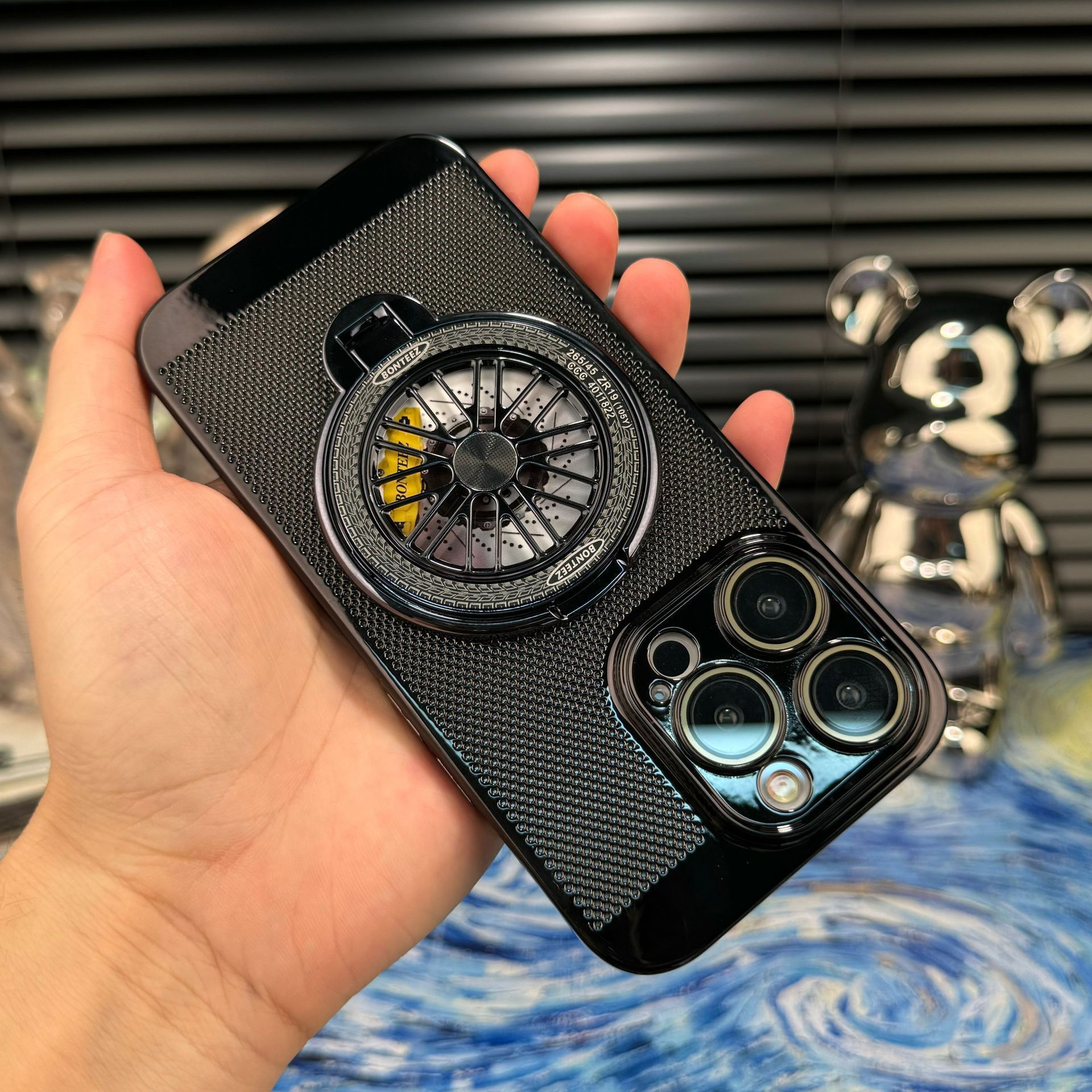 Compatible with Apple iPhone 17 Pro Max, 16 Plus gyroscope stand, 15 Pro electroplated heat dissipation, and drop-proof protective case. - Black + Gyroscope Stand IP-17promax