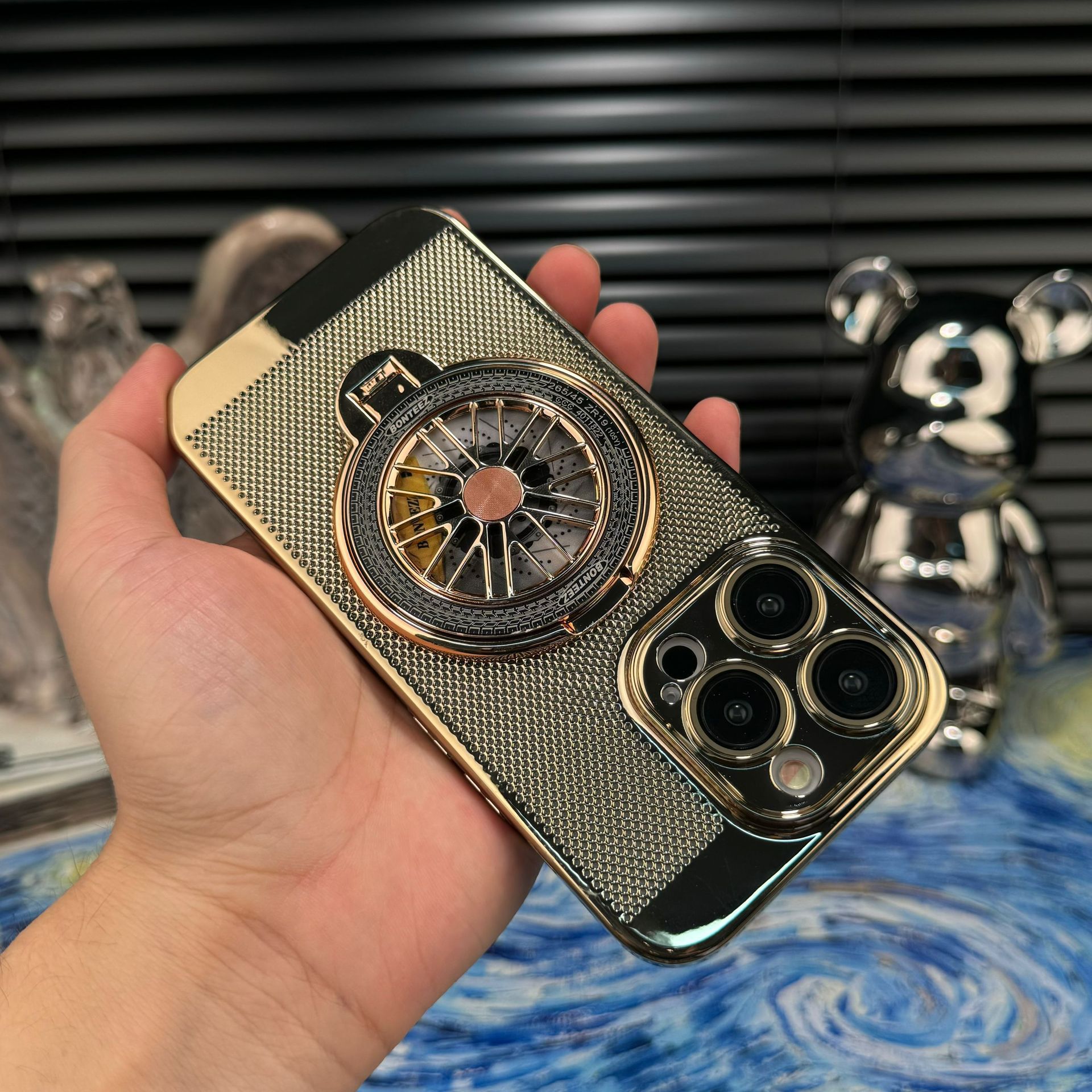 Compatible with Apple iPhone 17 Pro Max, 16 Plus gyroscope stand, 15 Pro electroplated heat dissipation, and drop-proof protective case. - Gold + Gyroscope Stand IP-17promax