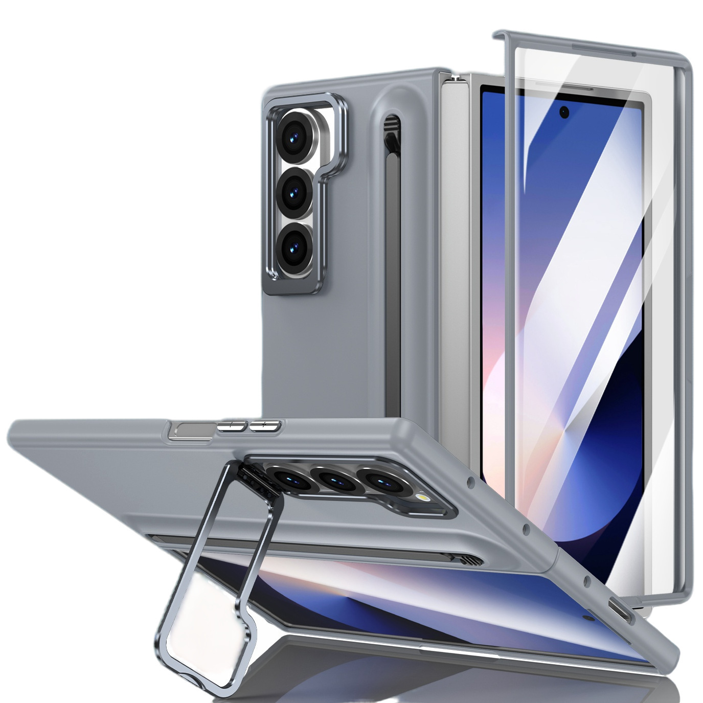 Compatible with Samsung Z Fold8 Ultra phone case 7/6/5 lens holder spring-loaded pen slot 4/3 drop-proof protective case - Gray [Shell] with pen Z Fold8ultra