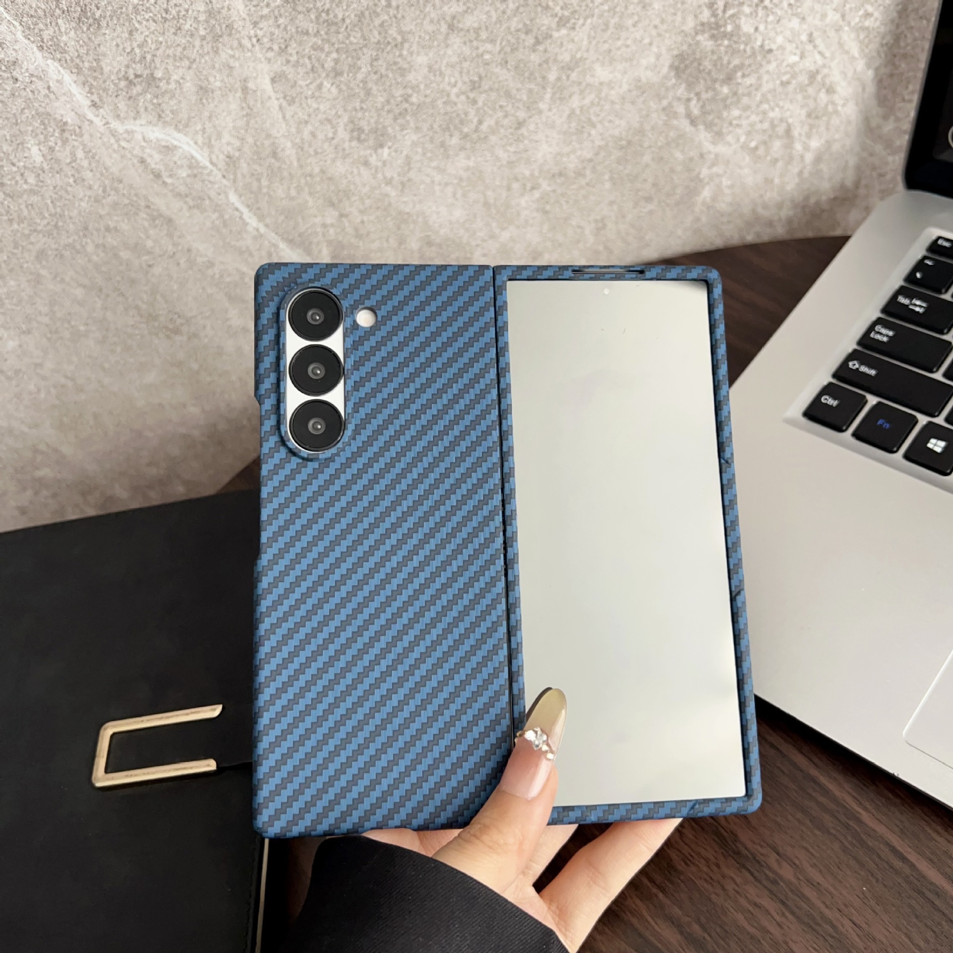 Compatible with Samsung Z Fold8/7/6 phone case, 5/4 built-in magnetic case film, Flip7/8 carbon fiber textured protective case. - Blue [Shell Cover] Coarse Texture Z Fold8ultra [Standard Edition]