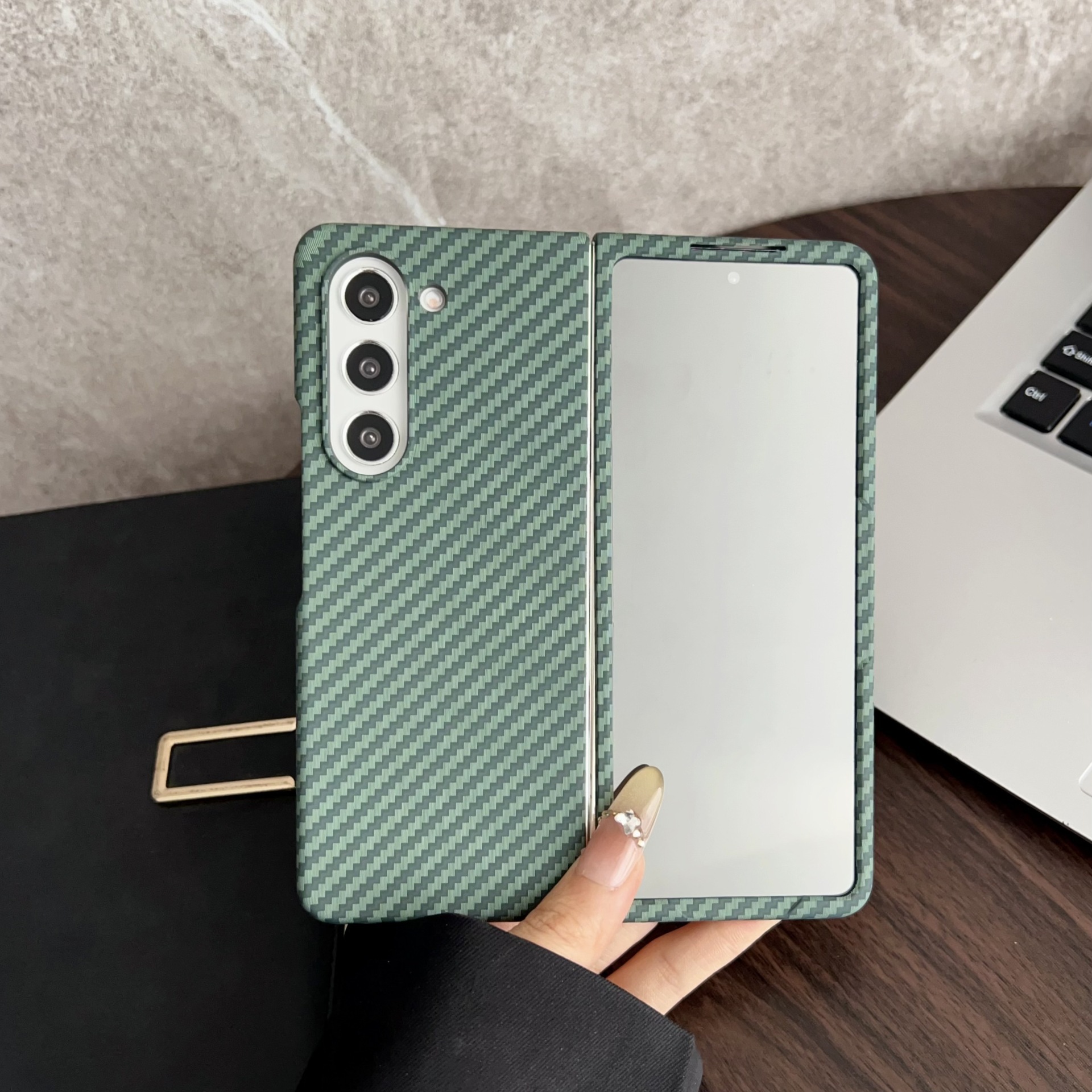 Compatible with Samsung Z Fold8/7/6 phone case, 5/4 built-in magnetic case film, Flip7/8 carbon fiber textured protective case. - Green [Shell Cover] with coarse texture Z Fold8ultra [Standard Edition]