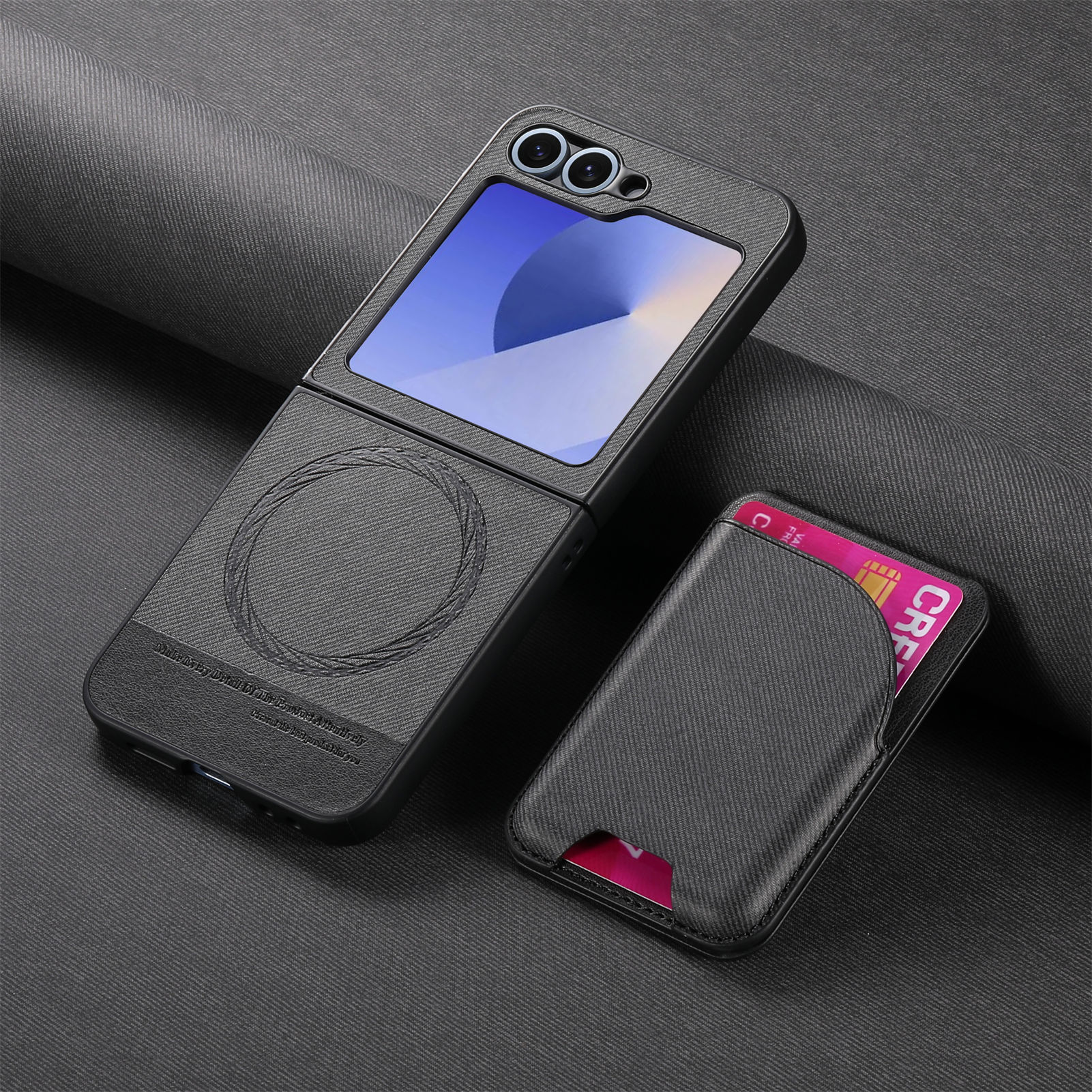 Compatible with Samsung ZFlip 8/7 phone case, 7/6 wireless charging, built-in magnetic card holder, 4/3 vegan leather protective case - Black + Magnetic Card Holder SAM-Z Flip8