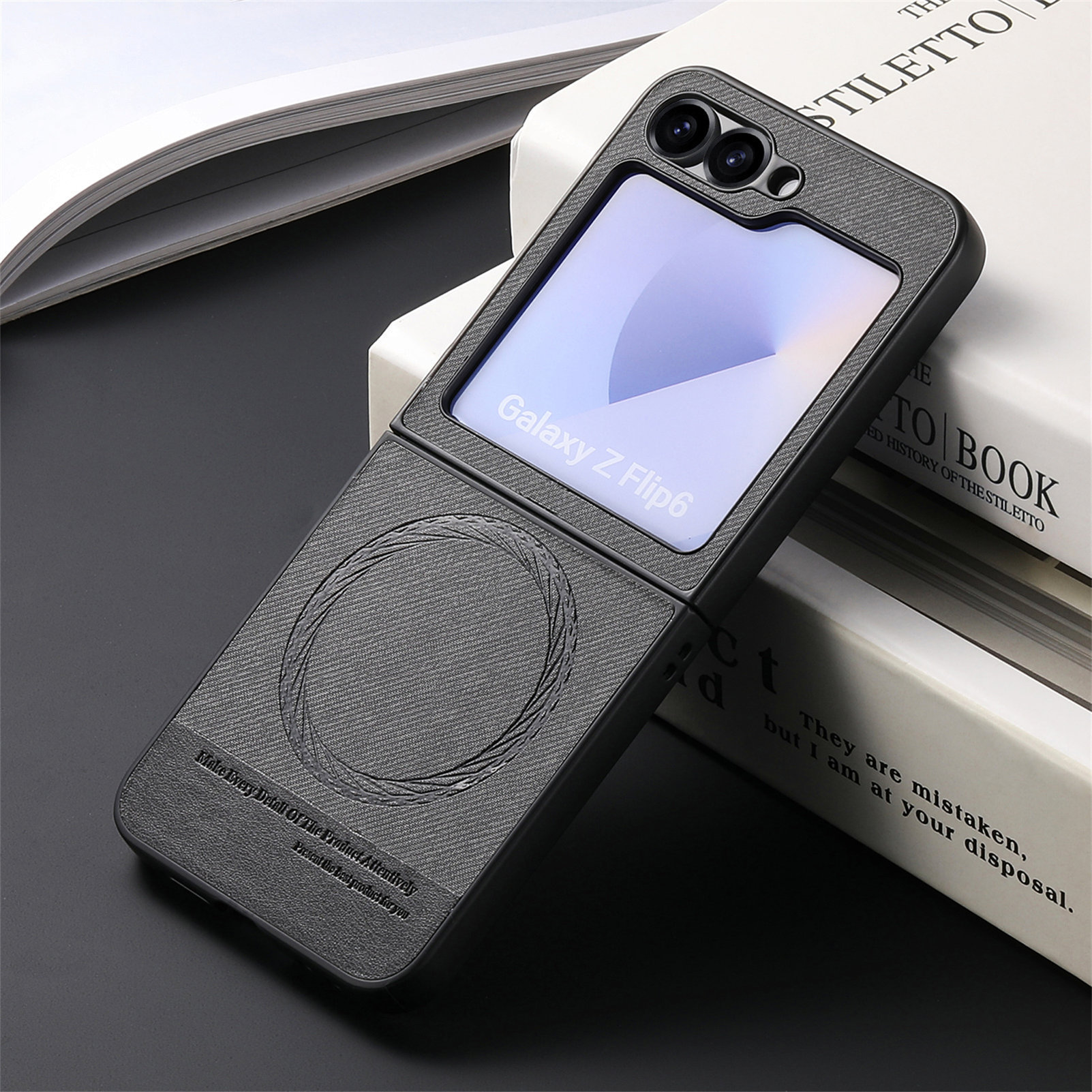 Compatible with Samsung ZFlip 8/7 phone case, 7/6 wireless charging, built-in magnetic card holder, 4/3 vegan leather protective case - Black [Single Shell] SAM-Z Flip8