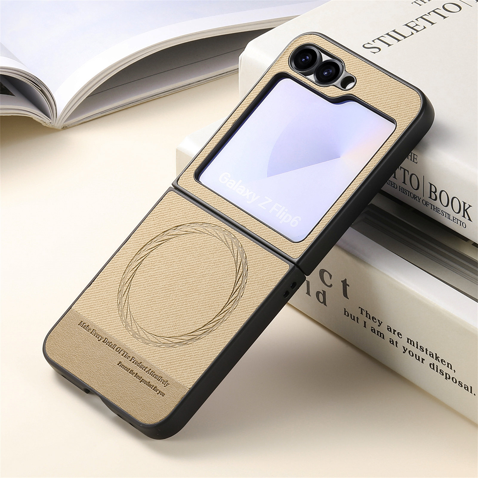 Compatible with Samsung ZFlip 8/7 phone case, 7/6 wireless charging, built-in magnetic card holder, 4/3 vegan leather protective case - Khaki [Single Shell] SAM-Z Flip8