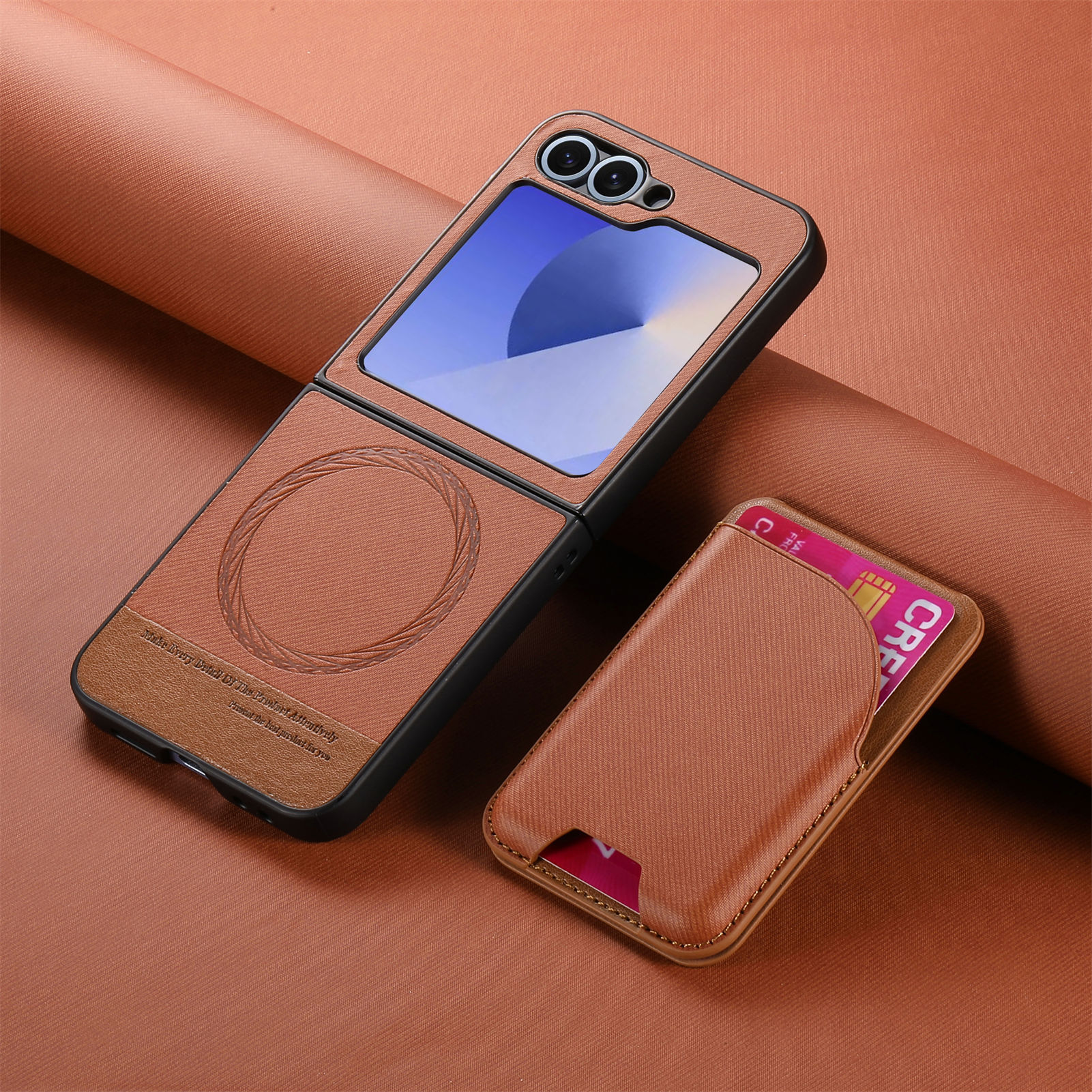 Compatible with Samsung ZFlip 8/7 phone case, 7/6 wireless charging, built-in magnetic card holder, 4/3 vegan leather protective case - Brown magnetic card holder SAM-Z Flip8