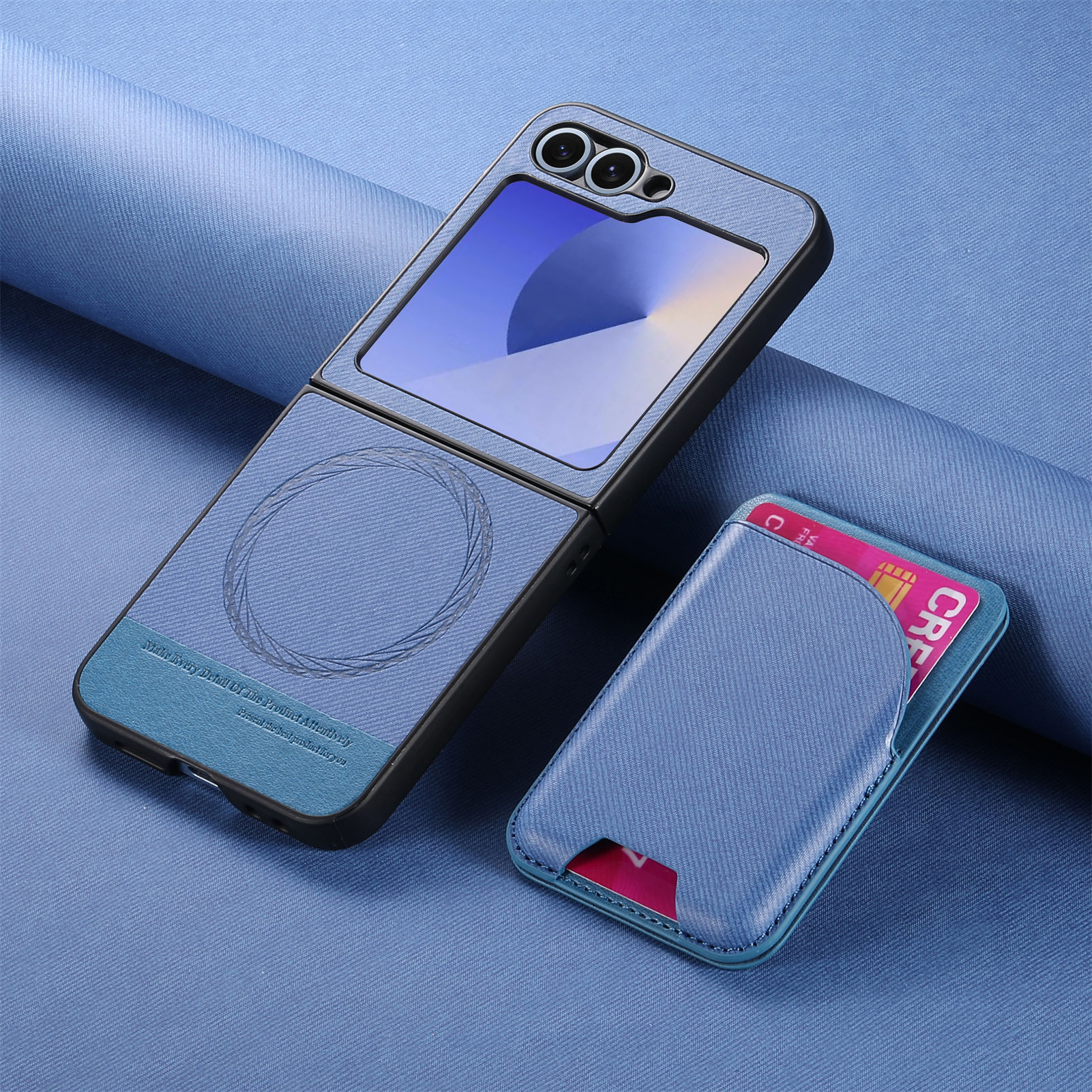 Compatible with Samsung ZFlip 8/7 phone case, 7/6 wireless charging, built-in magnetic card holder, 4/3 vegan leather protective case - Blue + Magnetic Card Holder SAM-Z Flip8