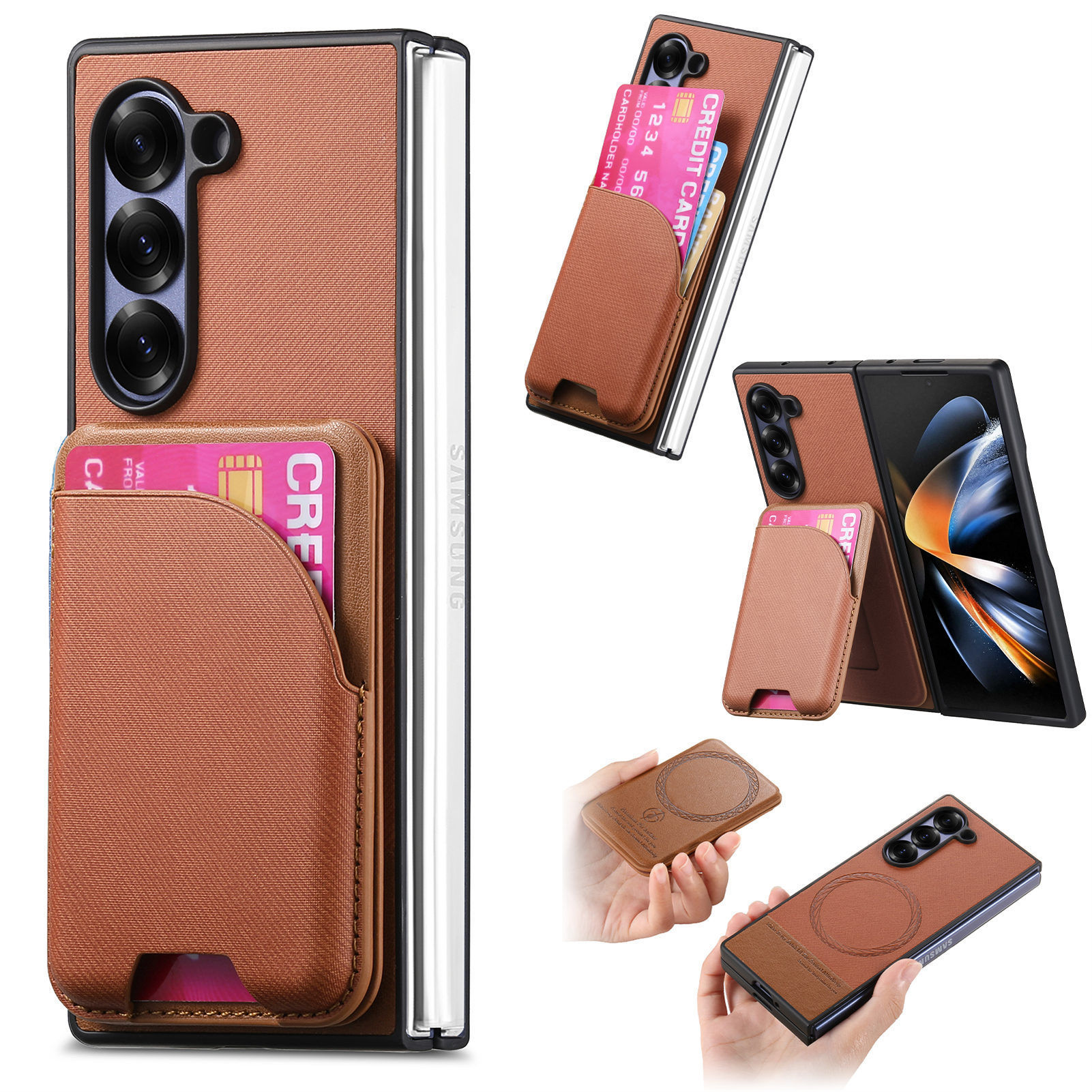 Compatible with Samsung Z Fold8U phone case 7/6/5 magnetic card holder stand 2-in-1 foldable screen 4/3 protective case - Brown + Magnetic Card Holder Z Fold8ultra