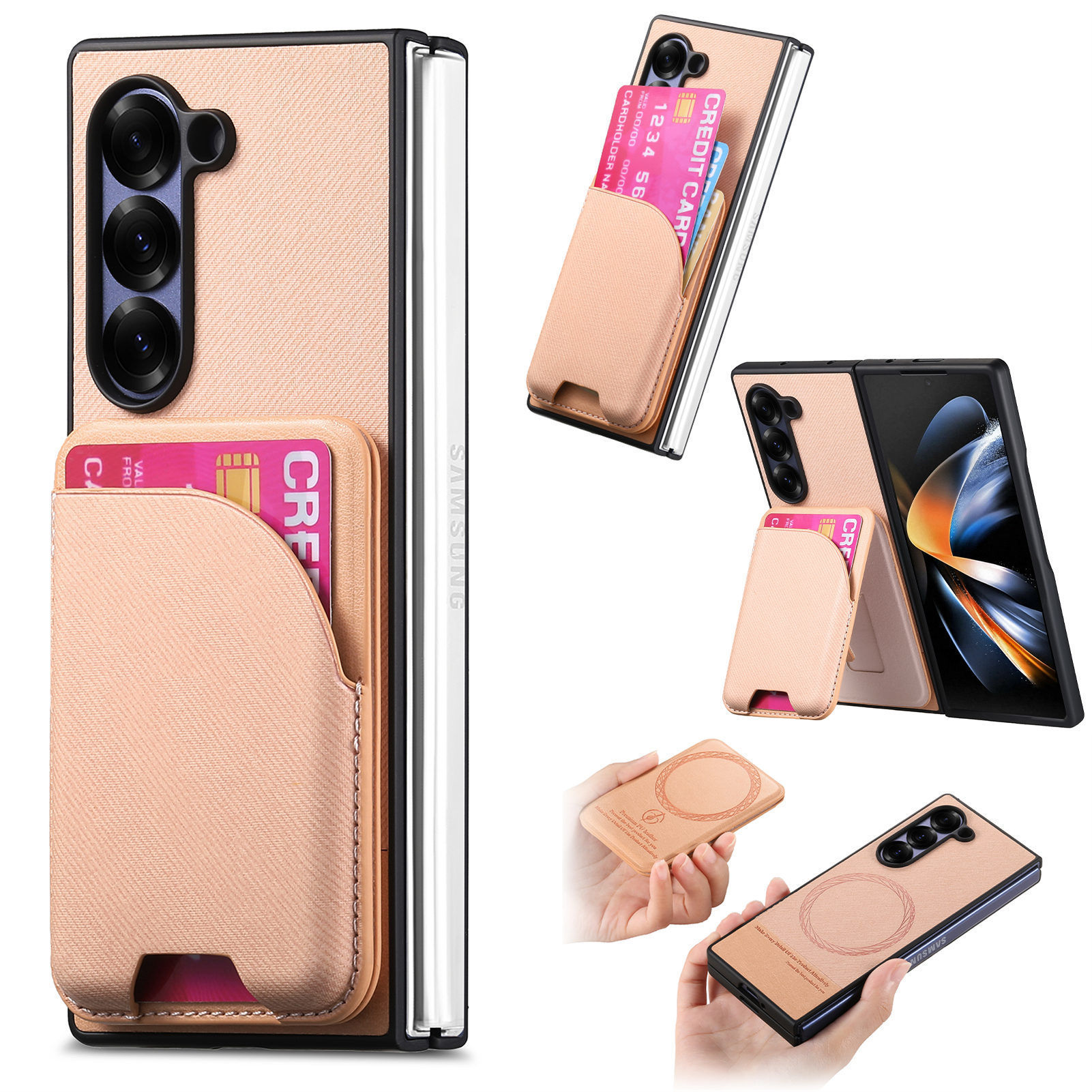 Compatible with Samsung Z Fold8U phone case 7/6/5 magnetic card holder stand 2-in-1 foldable screen 4/3 protective case - Pink + Magnetic Card Holder Z Fold8ultra