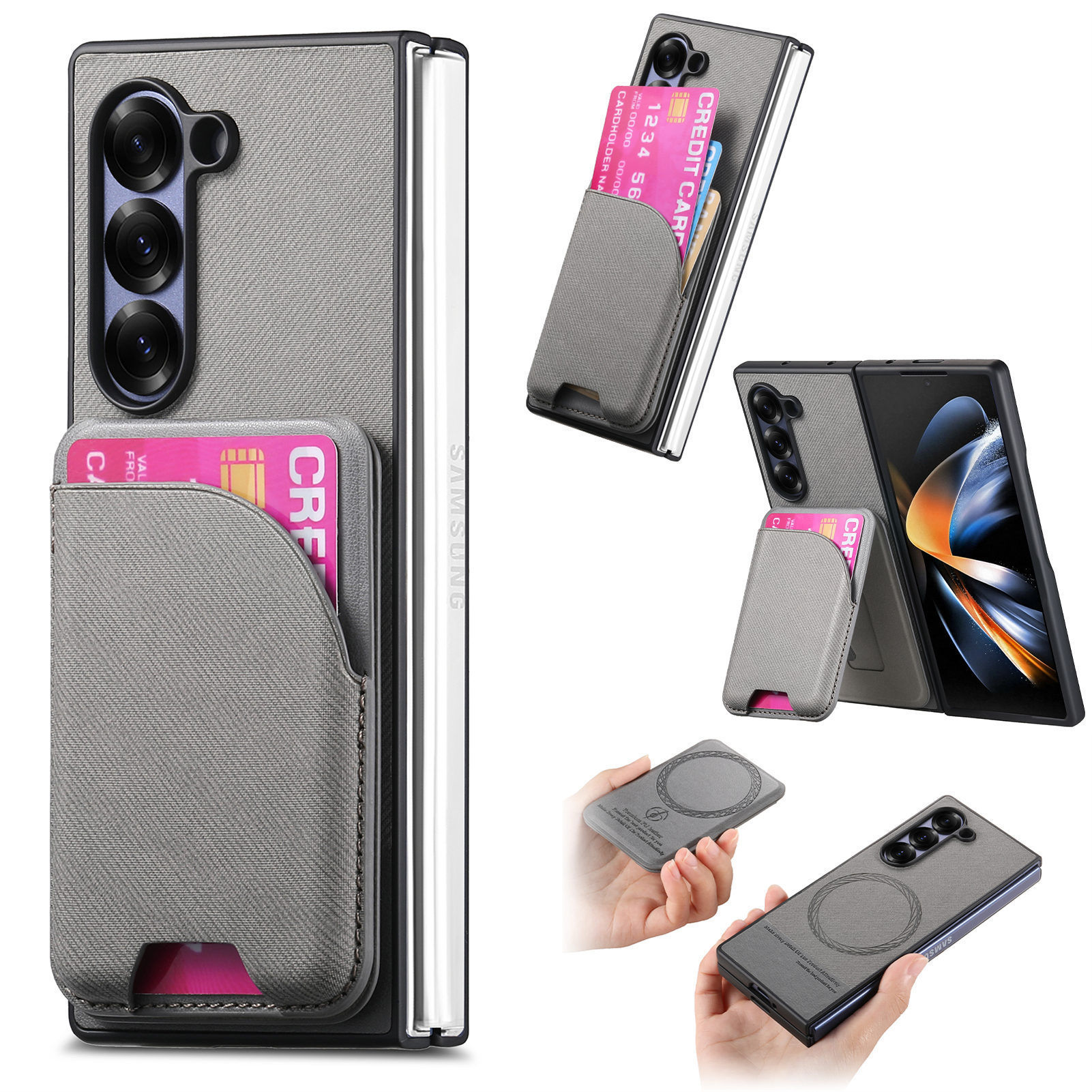 Compatible with Samsung Z Fold8U phone case 7/6/5 magnetic card holder stand 2-in-1 foldable screen 4/3 protective case - Gray + Magnetic Card Holder Z Fold8ultra