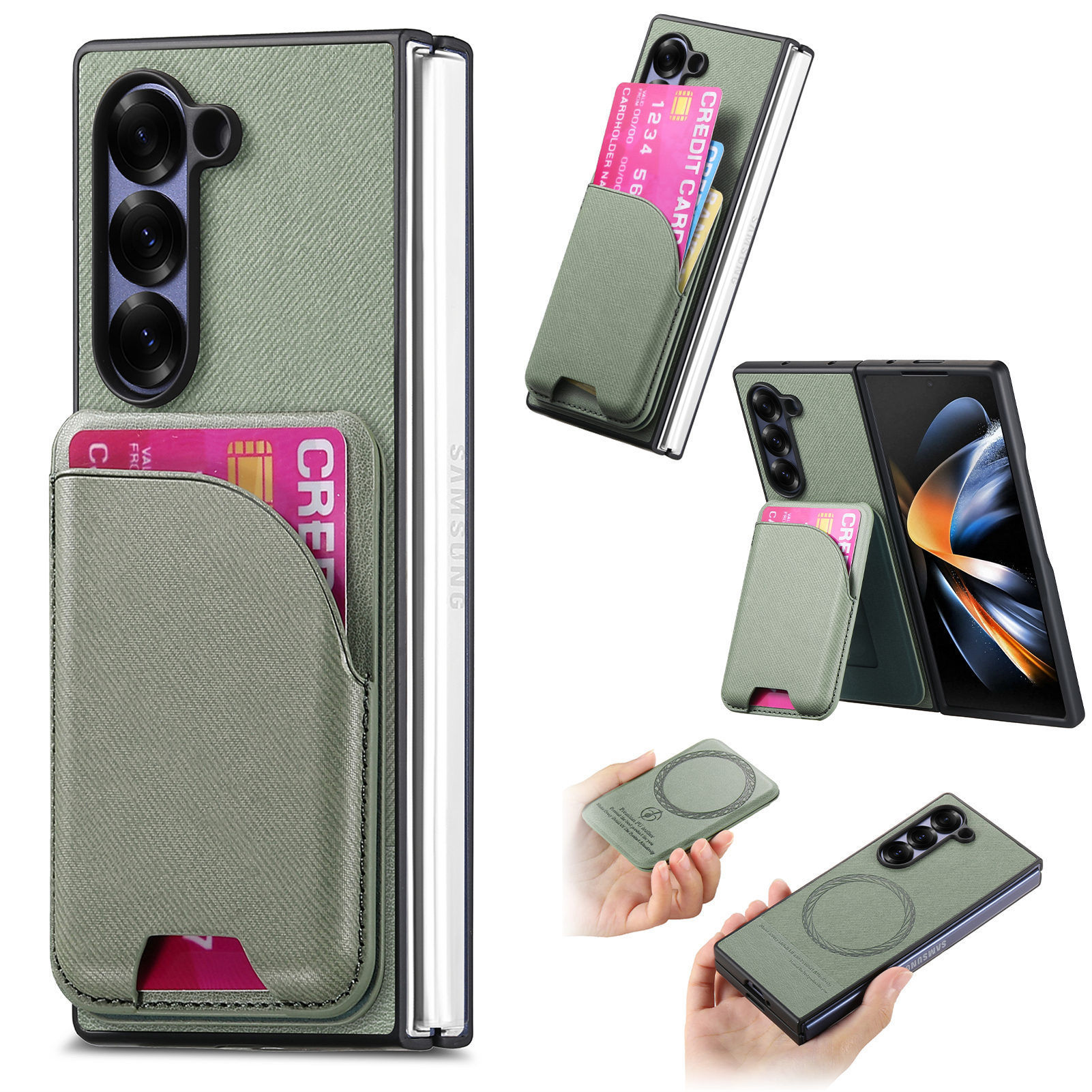 Compatible with Samsung Z Fold8U phone case 7/6/5 magnetic card holder stand 2-in-1 foldable screen 4/3 protective case - Green + Magnetic Card Holder Z Fold8ultra