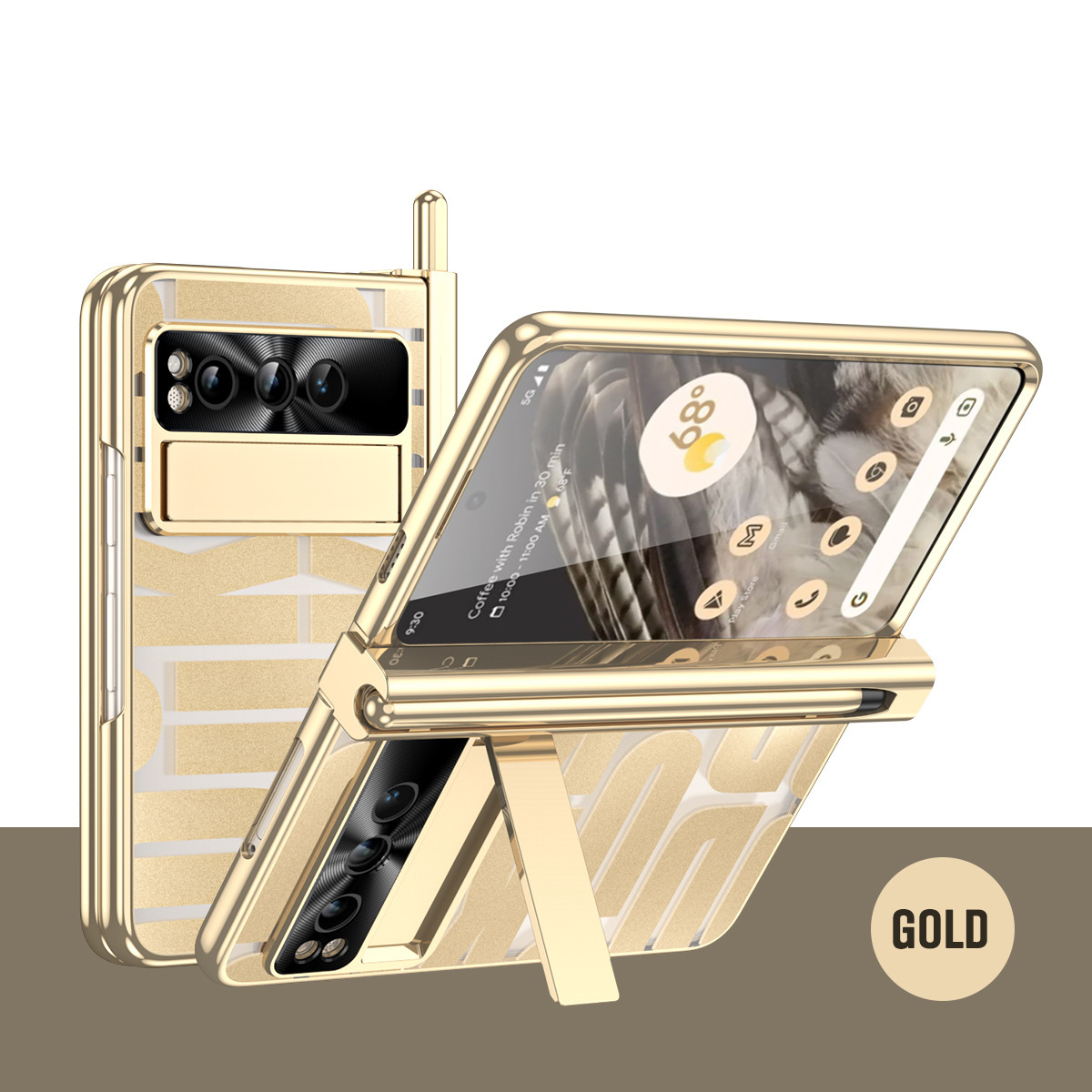 Compatible with Google Pixel Fold foldable phone case, electroplated bracket, hinge, pen slot, and full-coverage protective case. - Gold [Pen Slot with Pen] Google Pixel Fold