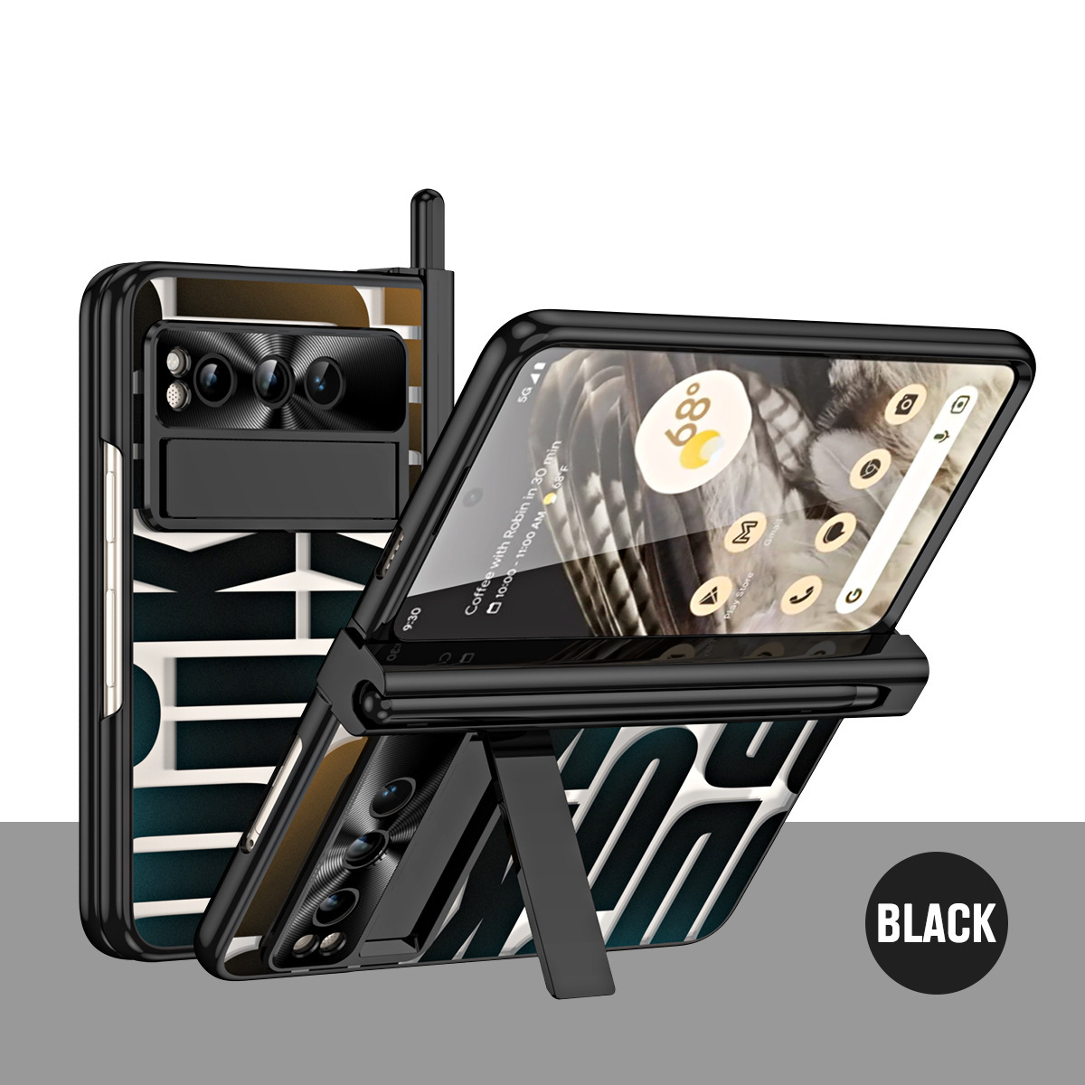 Compatible with Google Pixel Fold foldable phone case, electroplated bracket, hinge, pen slot, and full-coverage protective case. - Black [with pen slot] Google Pixel Fold